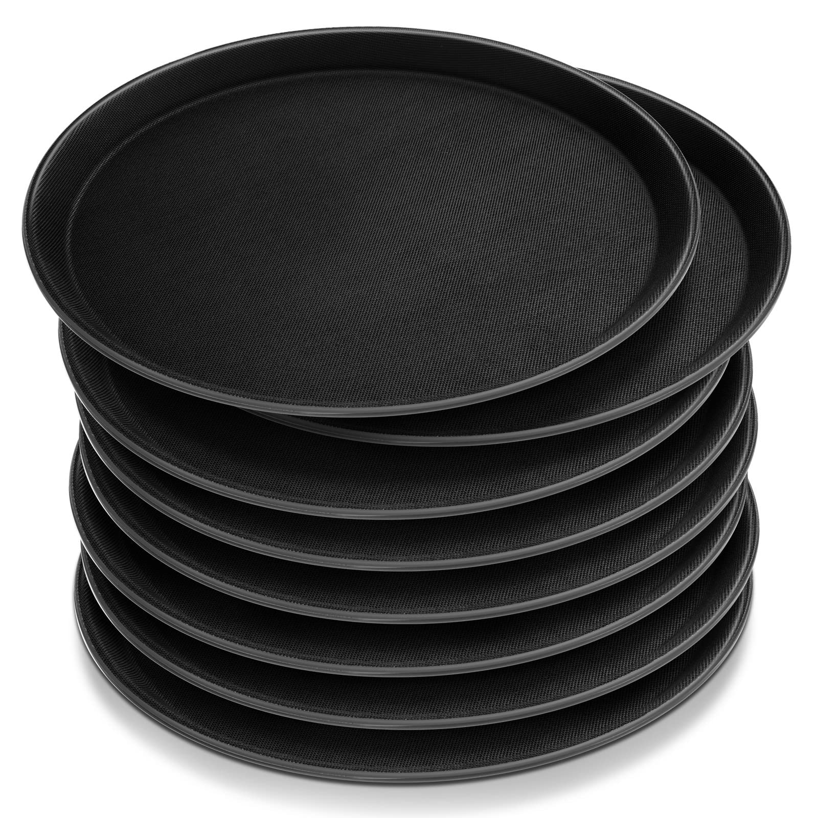 Afoxsos 8 Pack 11 Inch Black Round Plastic Serving Tray with Raised Edges Non Slip Surface Lightweight Food and Drink Server for Restaurant Bar Home #LAF0424N36