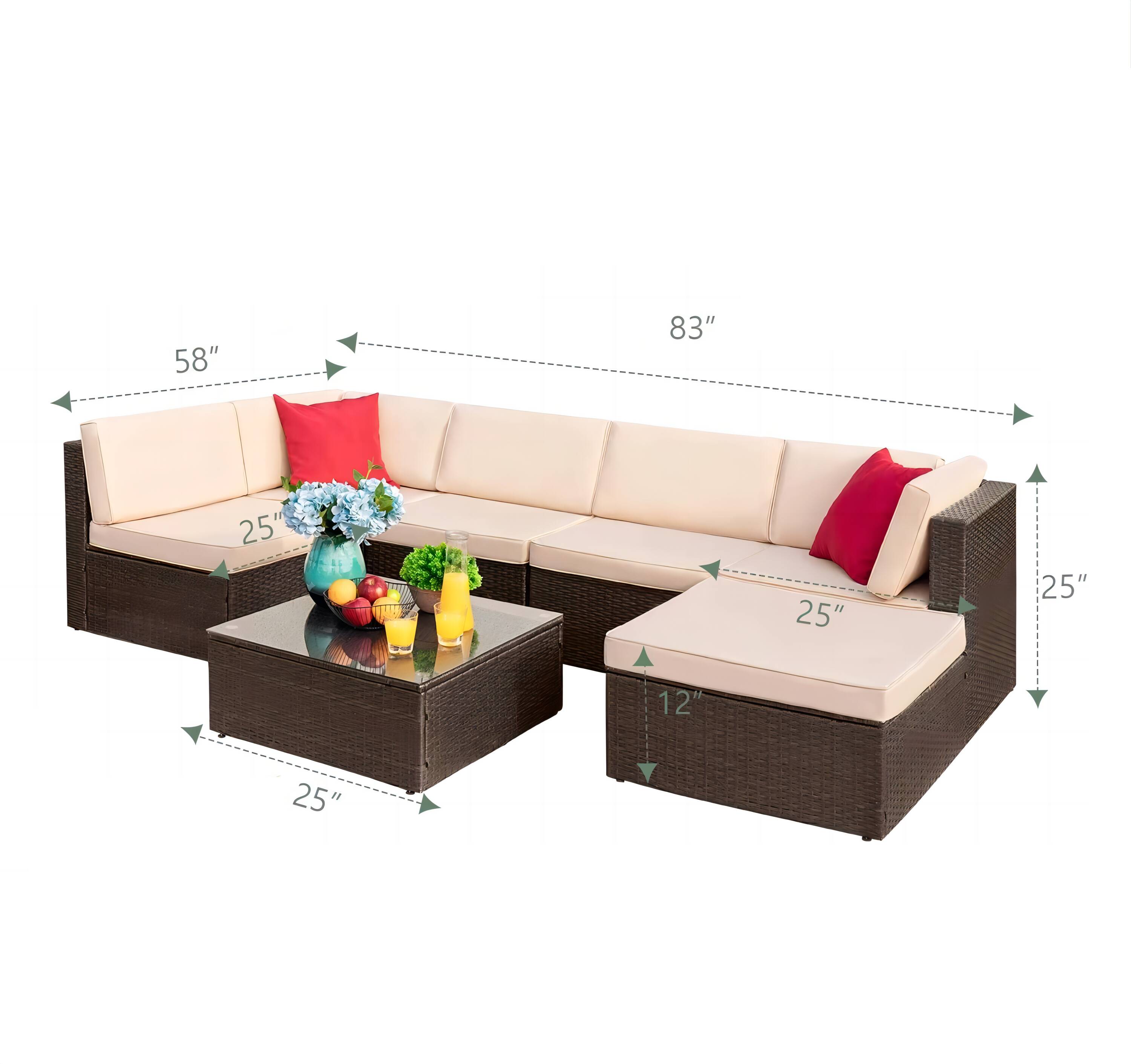 Vineego LS-71OT02A1AS0BG 7 -Piece Wicker 2 Patio Sofa Conversation Set with Off-white Cushions