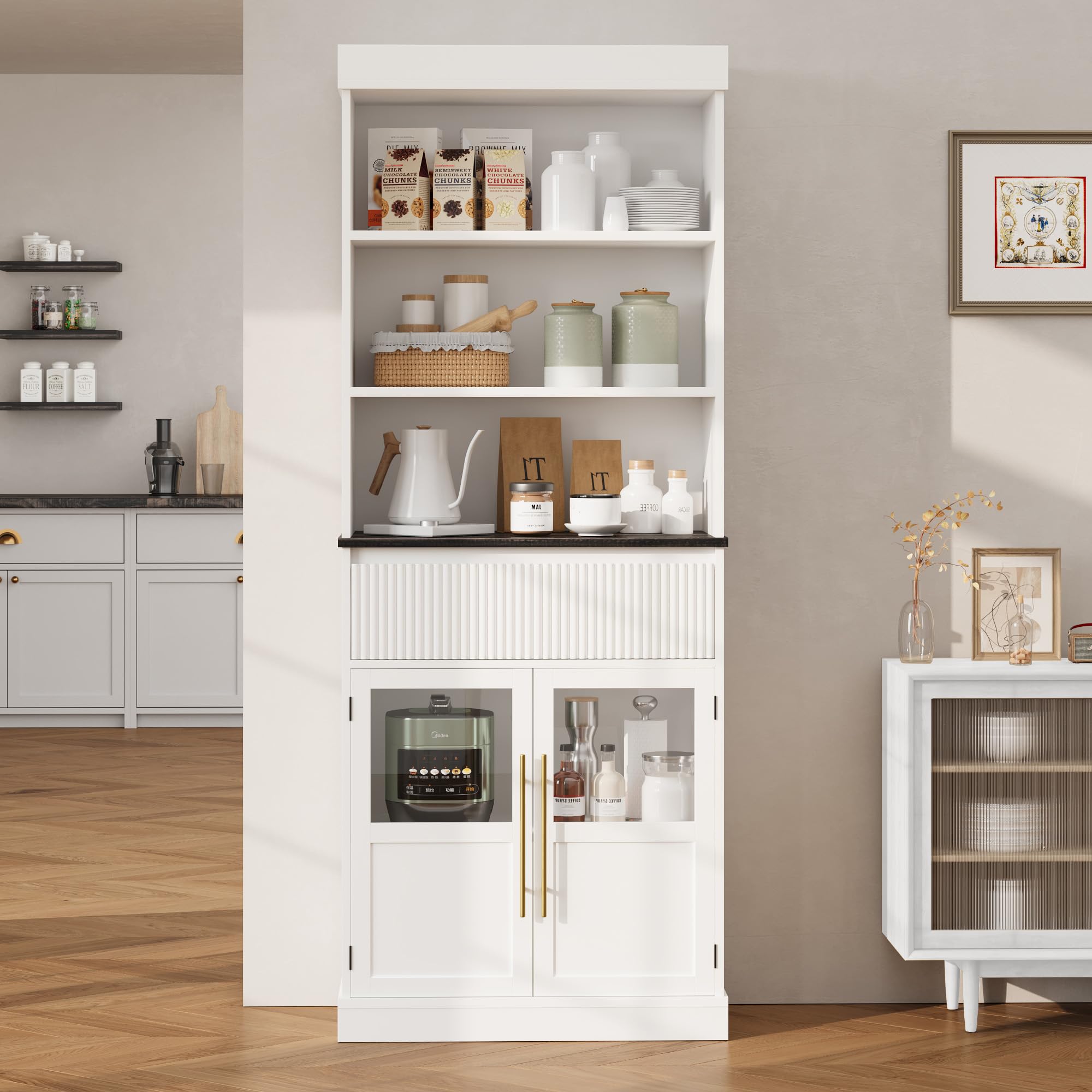 GarveeLife 70-in Kitchen Pantry Cabinet with Drawer 2 Glass Doors and 3 Shelves Freestanding Tall Storage Cupboard