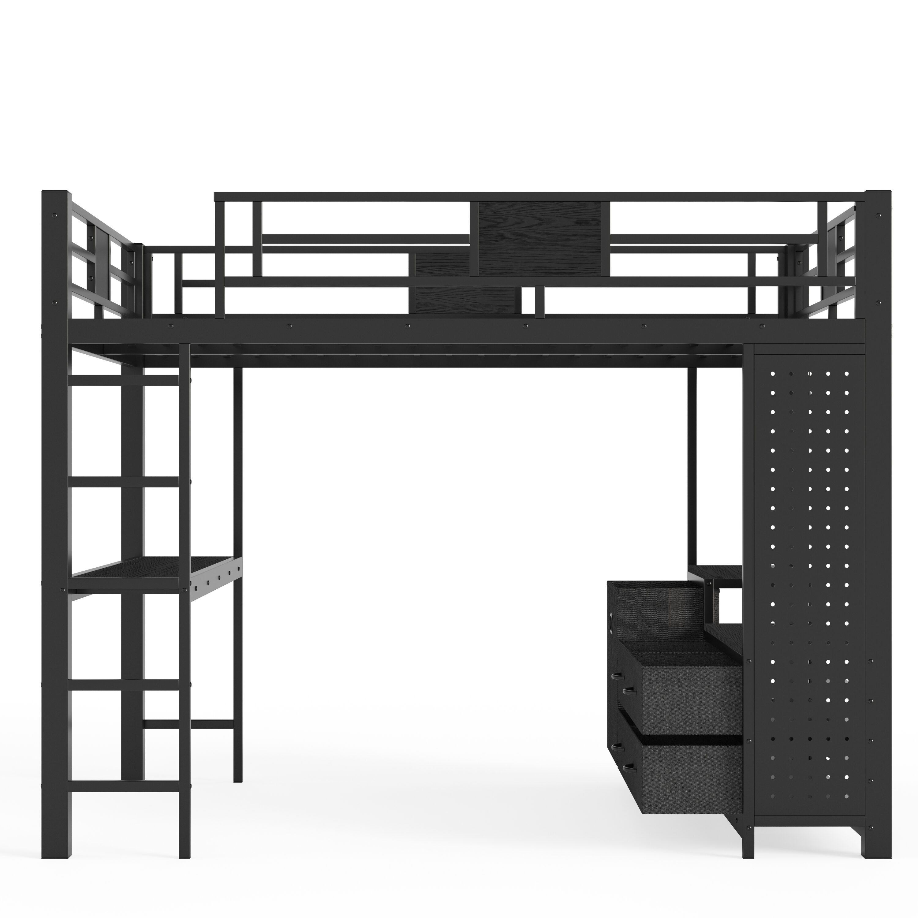 Bellemave Queen Size Loft Bed with Desk and Shelves Black Metal Loft ...