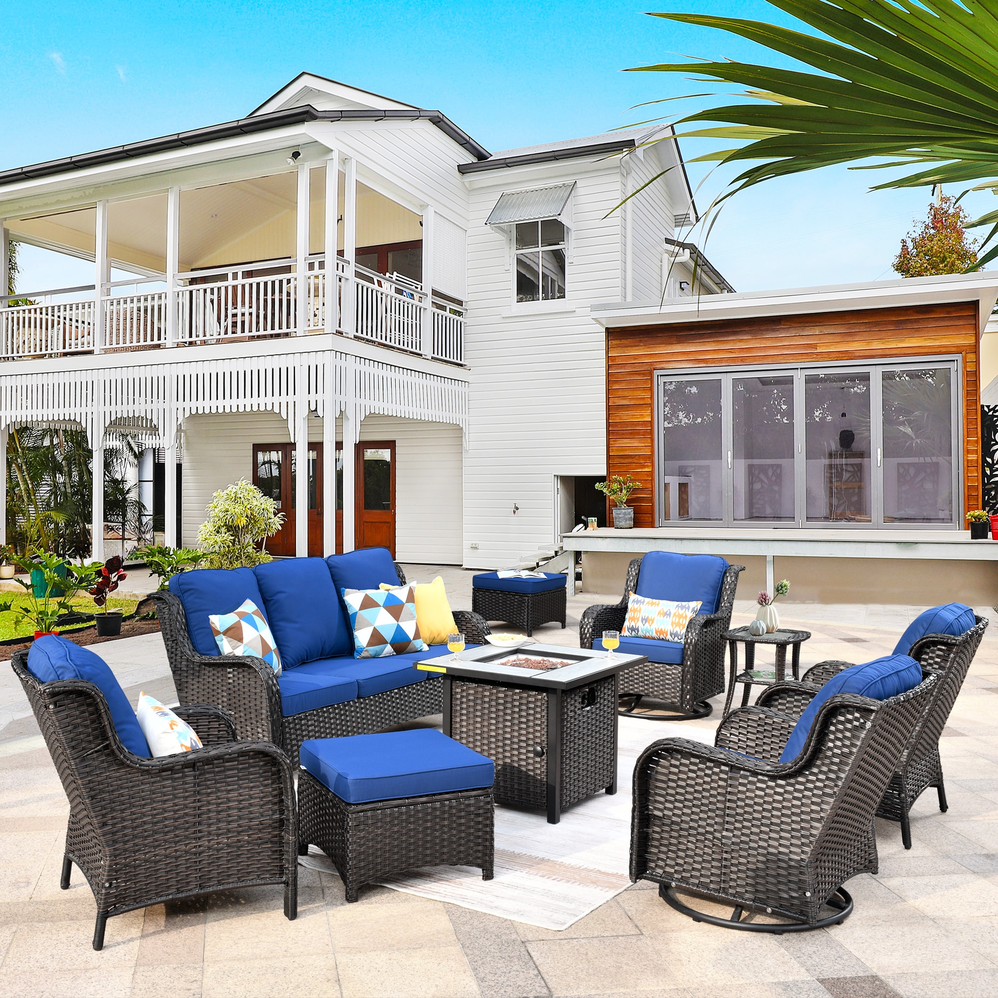 Pouuin SFPNTC709 9 -Piece Wicker Patio Sofa Conversation Set with Navy Cushions