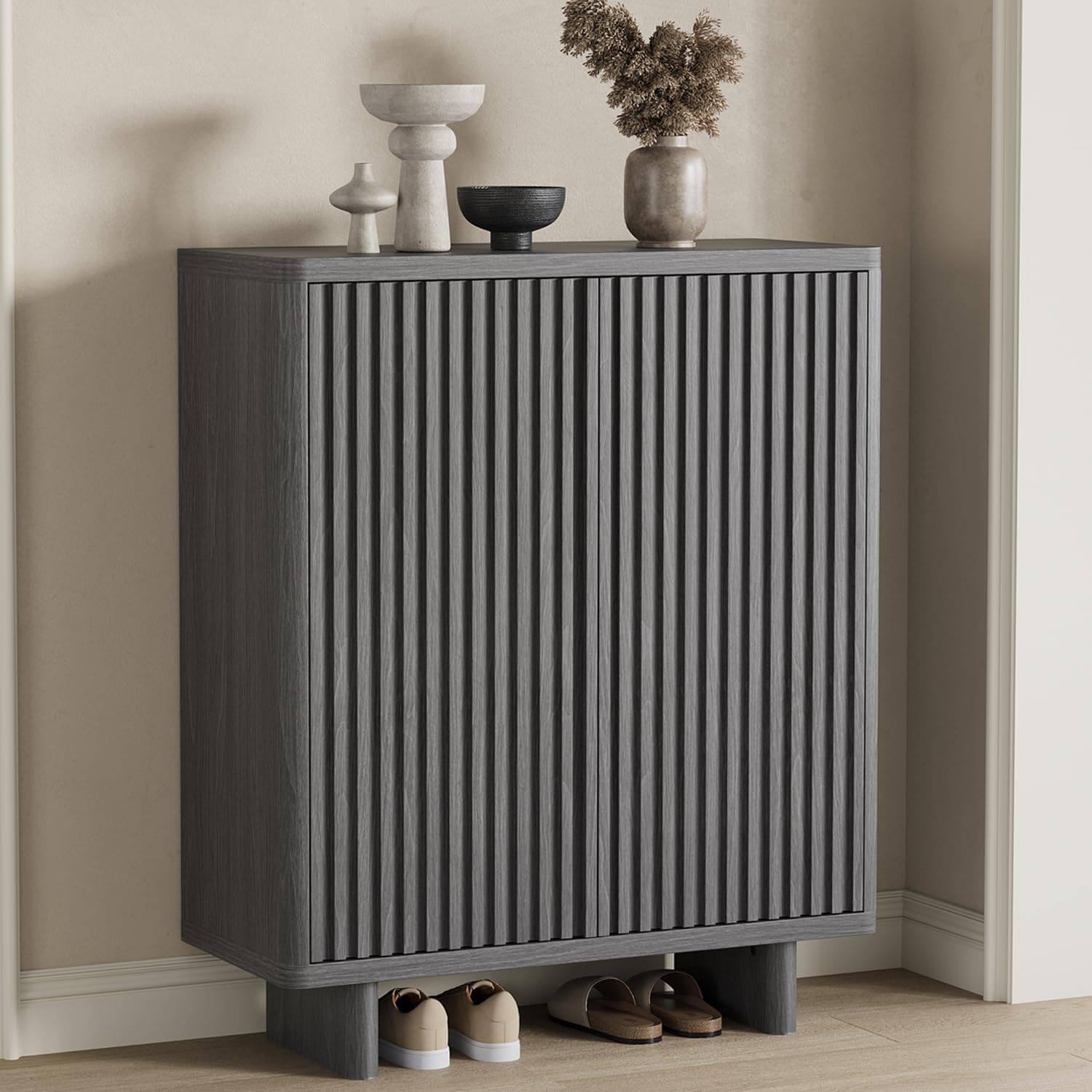 Garvee 31.6 Inch Shoe Cabinet with Fluted Door 5 Tier Storage with 4 Adjustable Shelves Rustic Entryway Shoe Bench for Hallway and Foyer