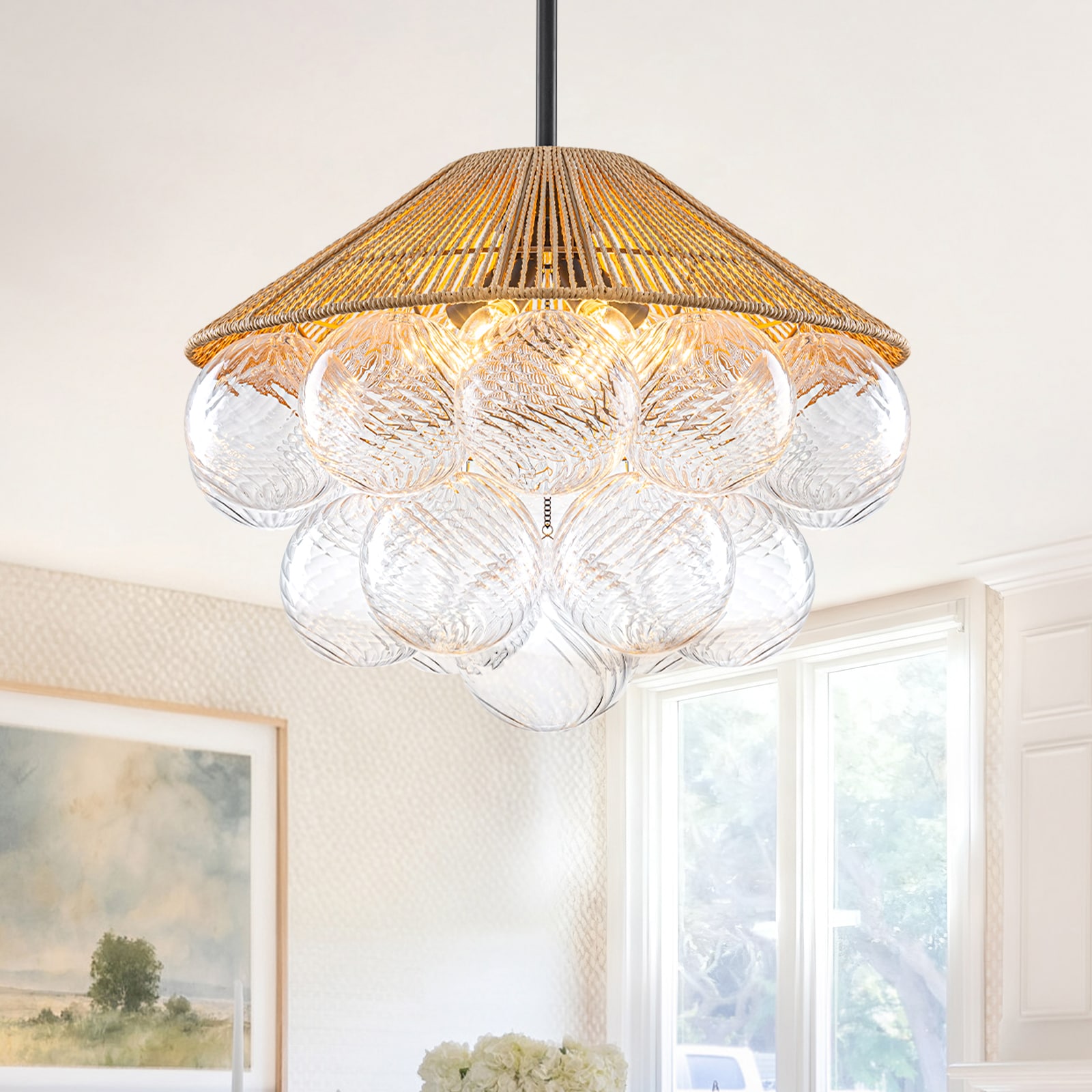 MENCOLULU Clear Twisted Glass Cone Woven Jute Shade 4 -Light Gold Farmhouse Clear glass Cone Large Hanging Convertible pendant/Semi-flush Light