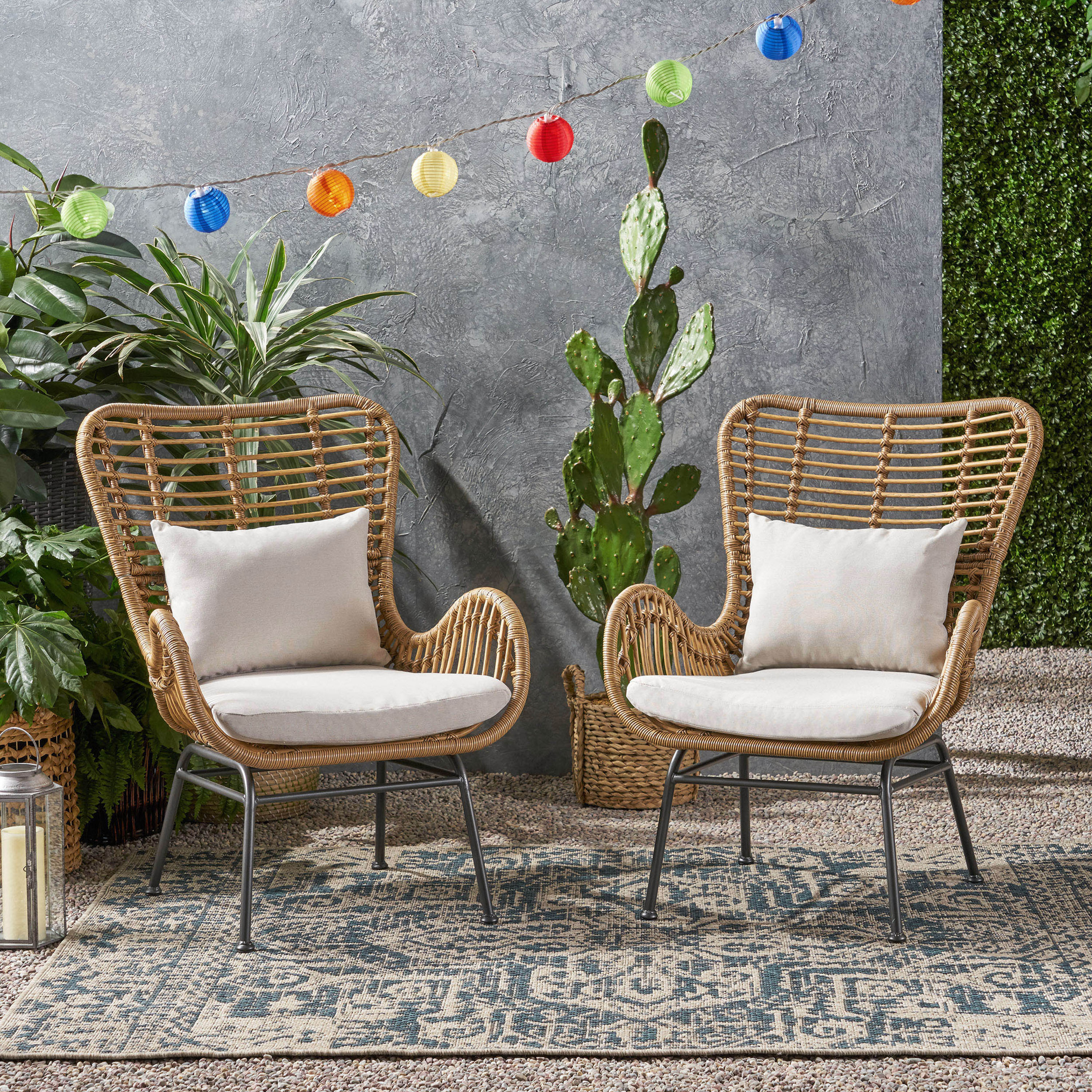 Moda Furnishings MD65044-LBRN Outdoor Classic Set of 2 Rattan Brown Iron Frame Stationary Conversation Chair with Light gray Cushioned Seat