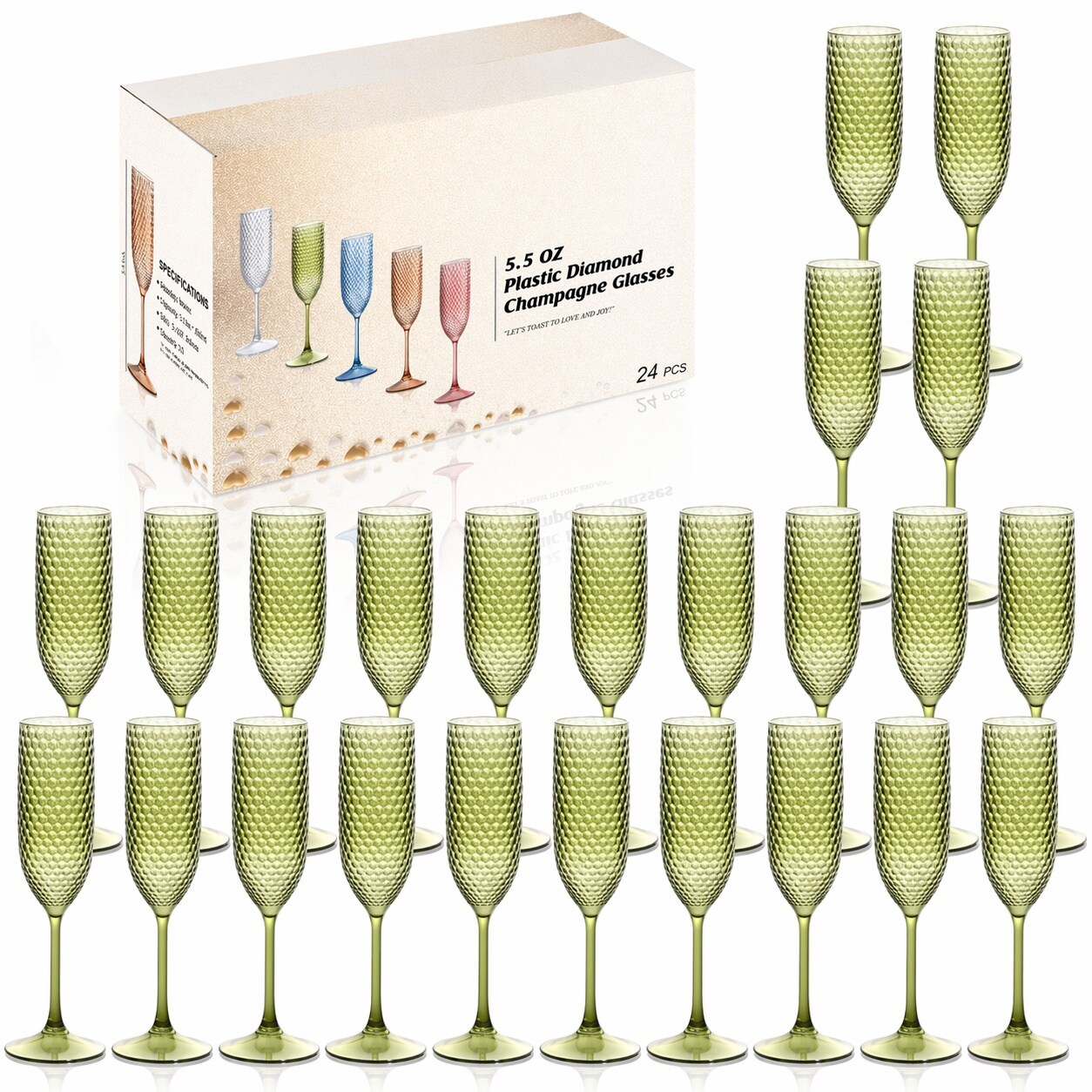 Aoibox  Plastic Champagne Flutes with Diamond Pattern Shatterproof Reusable Party Glasses 5 5 oz Set of 24 Green