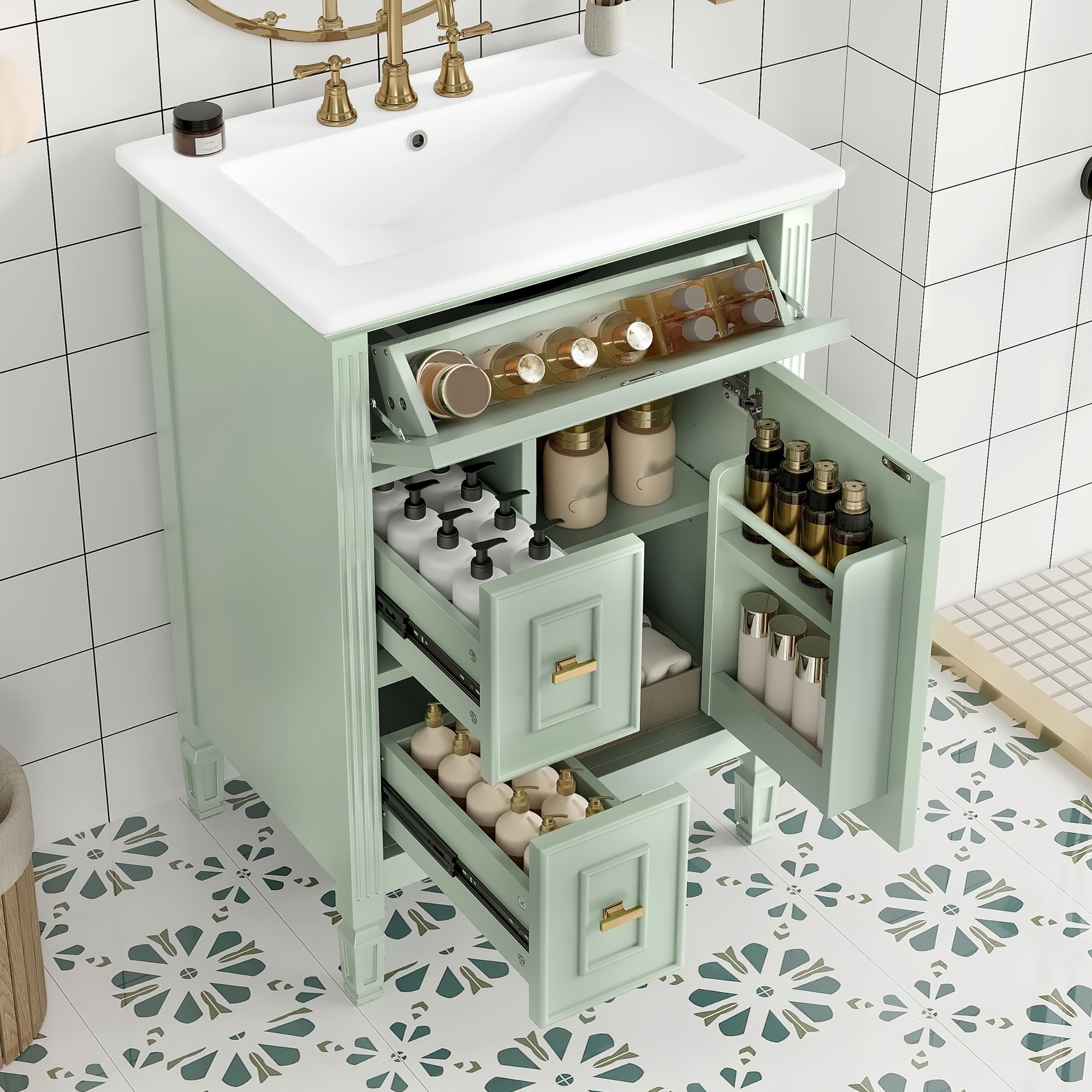 IAK - 24 inch Green Solid Wood and MDF Bathroom Vanity with Sink with One Flip Drawer Two Standar...