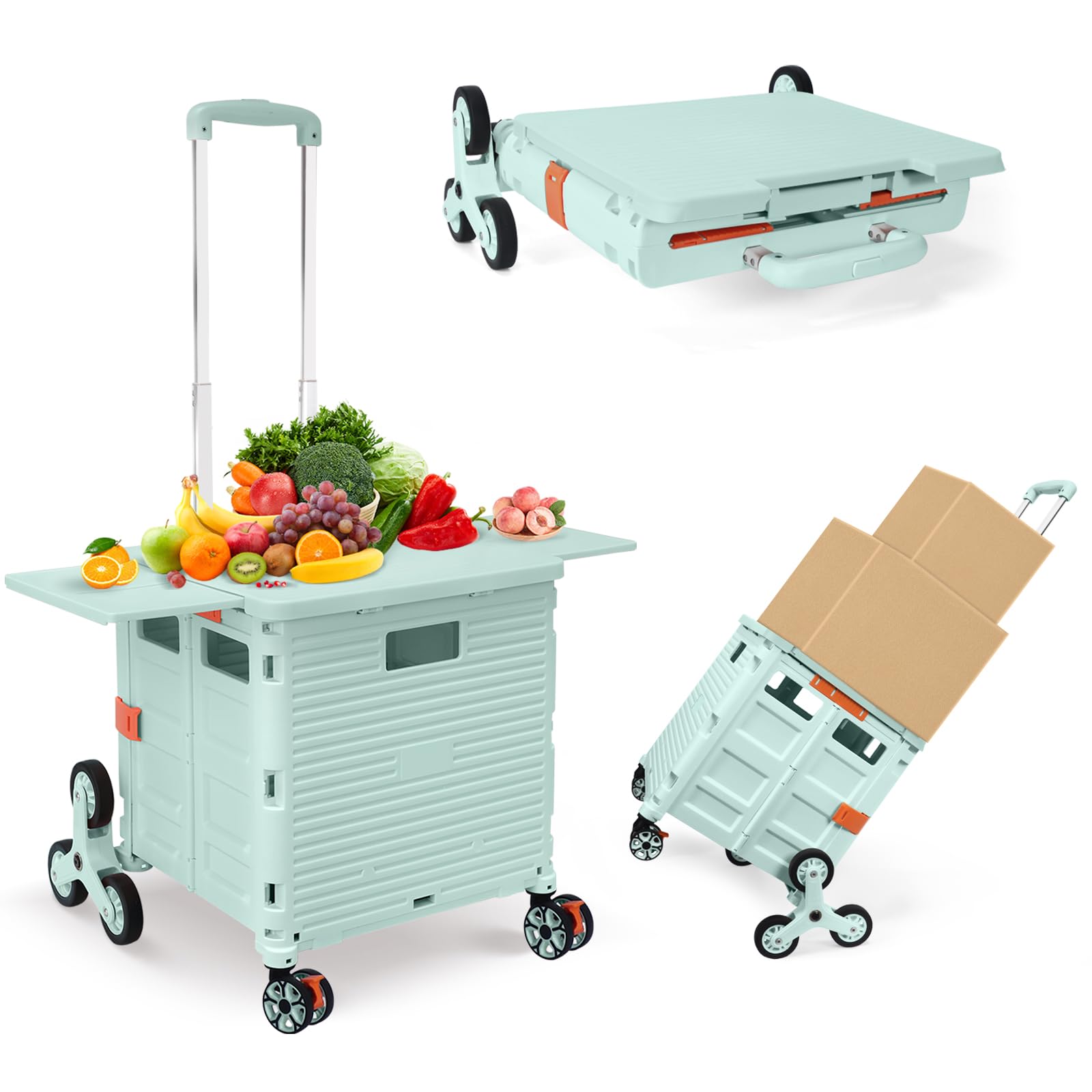 Vrbgify  Foldable Utility Cart with Stair Climbing Wheels Collapsible Rolling Crate with Magnetic Lid Telescoping Handle 360 Degree Swivel Wheels