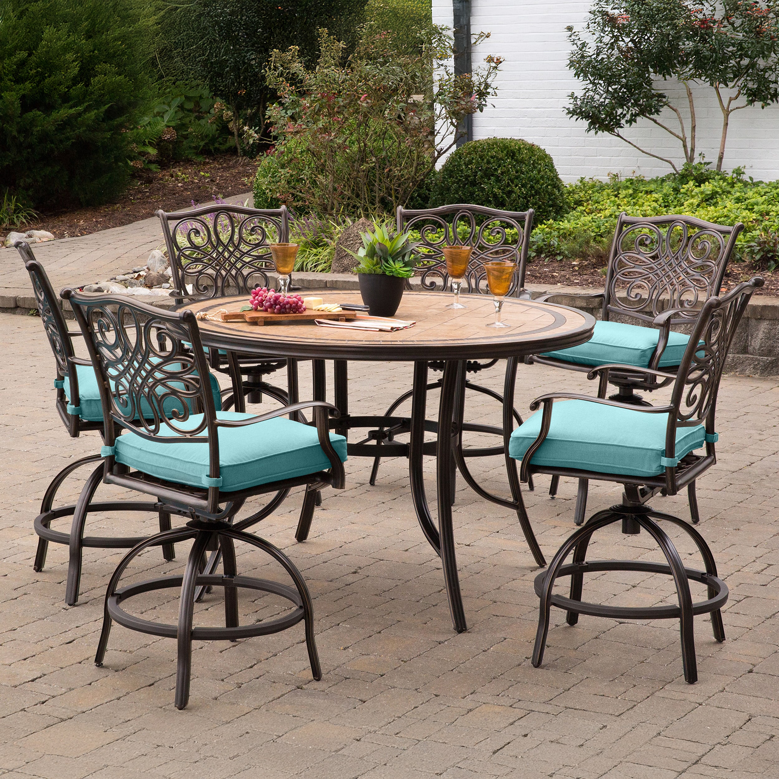 Hanover MONDN7PCBR-C-BLU Monaco 7 -Piece Bronze Bar Height Patio Dining Set Aluminum Round Table with 6 Blue Cushions Swivel Chairs