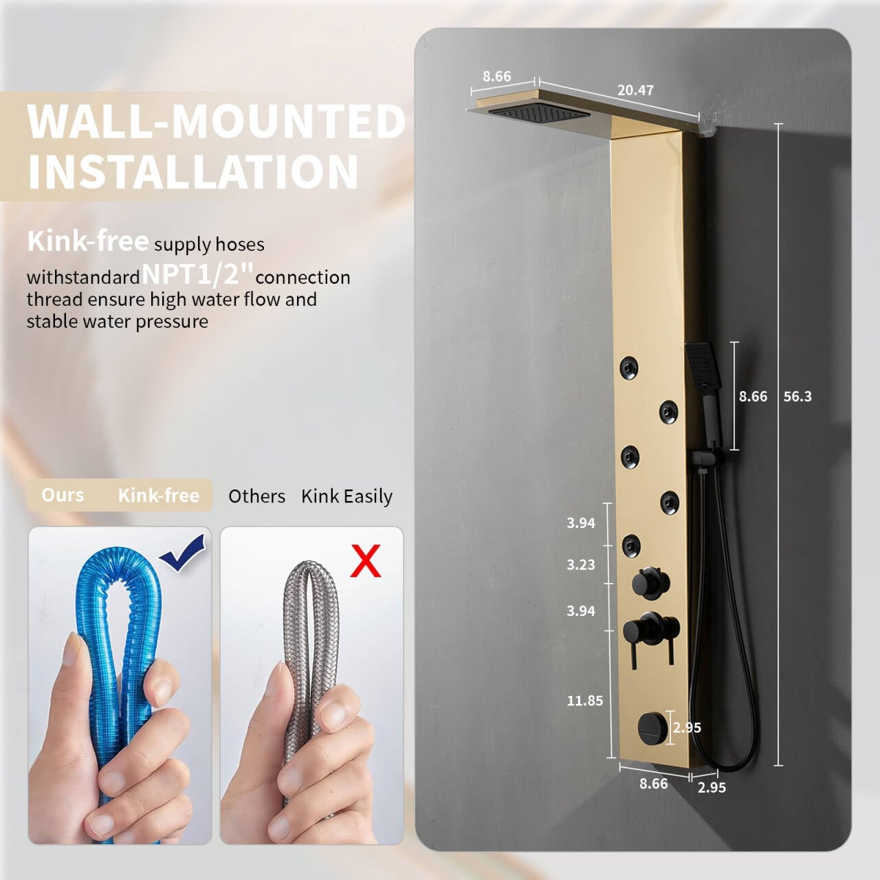 Gold Brushed 4-Jet Rainfall Shower Panel System with Handheld Wand