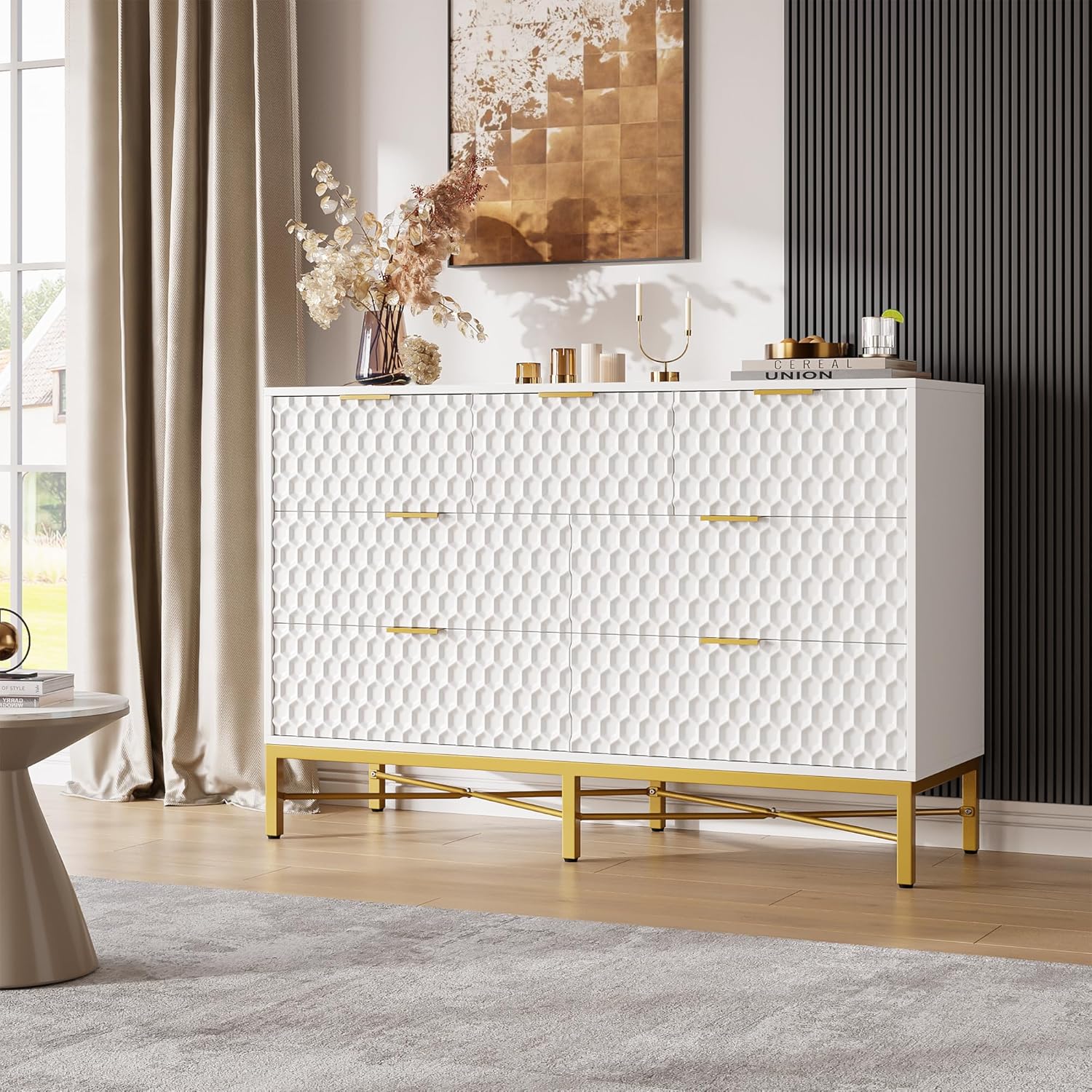Qeetex DHZ-PHO-16LNYO5O Modern 7 Drawer Dresser for Bedroom Chest of Drawers for Closet with Deep Drawers and Wide Top Long Wooden Dresser for Living Room Hallway White