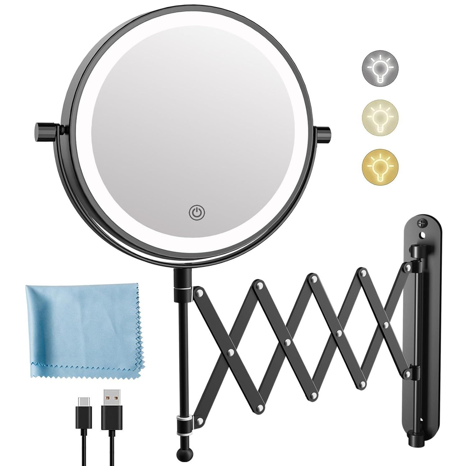 FASCINATE  9.8-in W x 16.9-in H Round Black 1x/10x Magnifying LED Wall Vanity Mirror