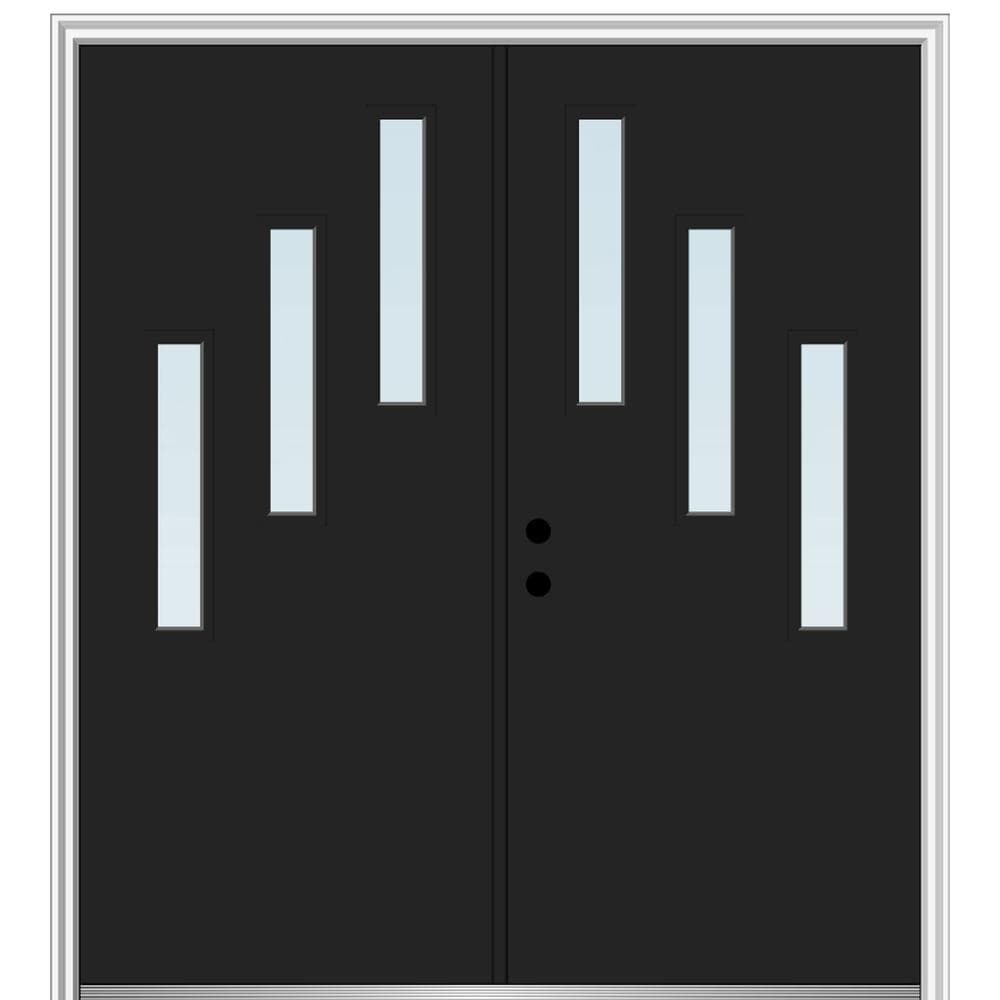 MMI DOOR ZZ349477R Spotlights 72-in x 80-in x 6-9/16-in Fiberglass Pulse lite Right-hand inswing Black Painted Prehung Double Front Door with Brickmould Insulating core