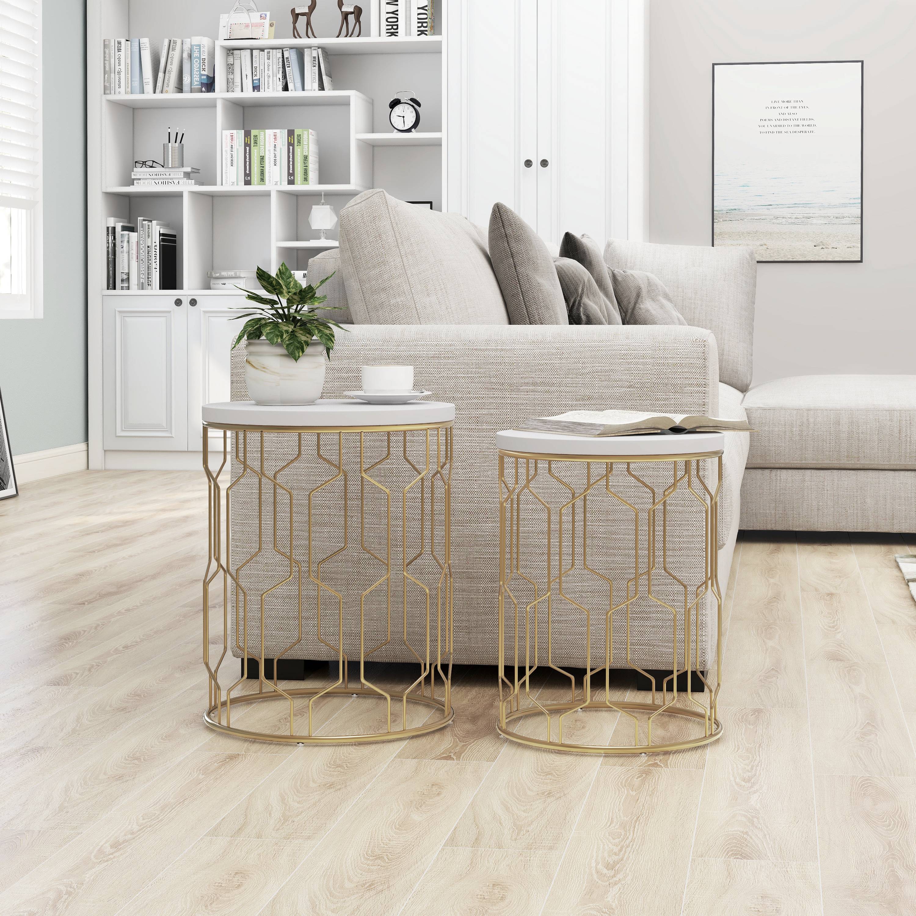 Furniture of America IDF-AC329GD Beldair 15.75-in W x 19.5-in H Gold and White Wood veneer Round Eclectic End Table Assembly Required