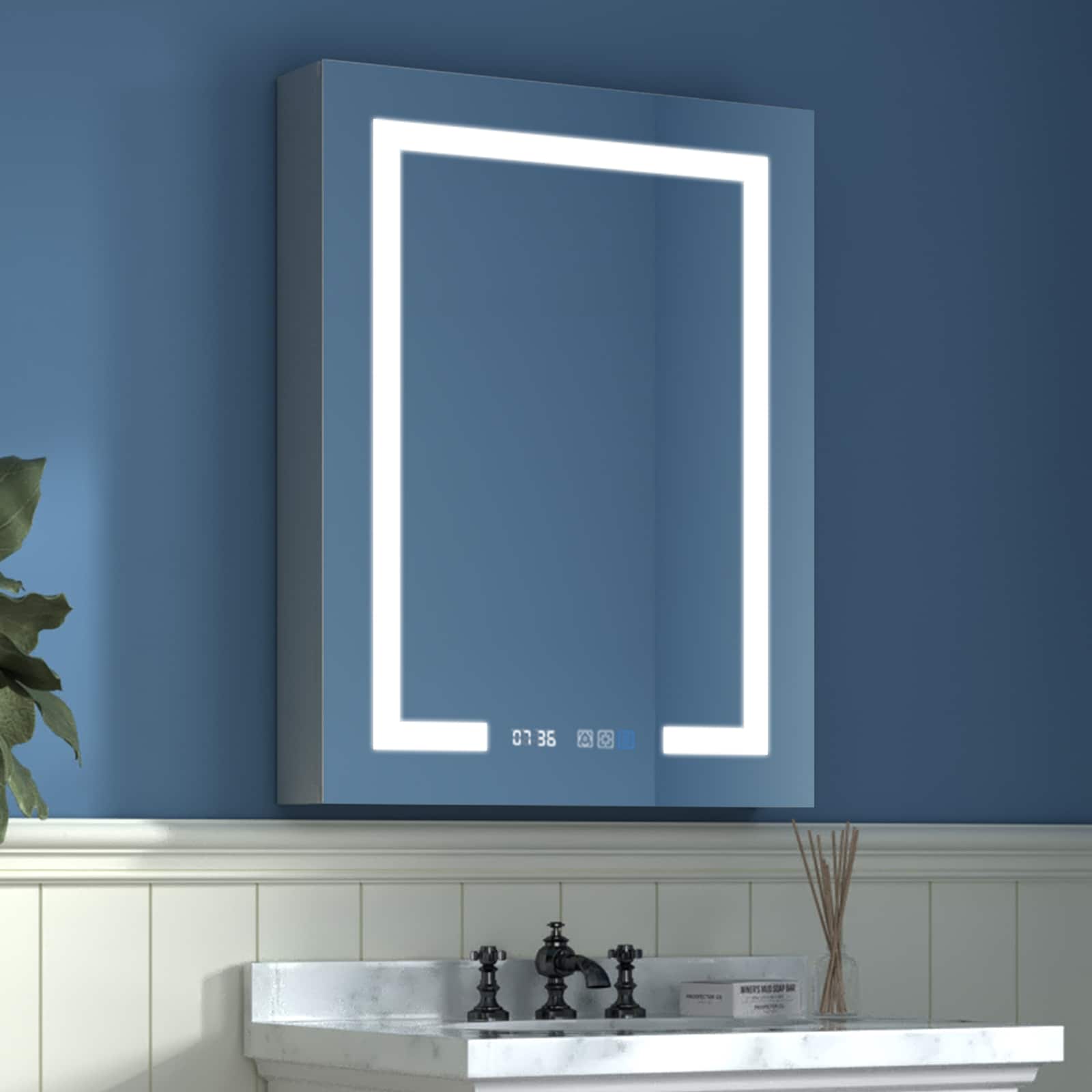 ExBrite W7MC2036L Celestia 24-in x 32-in Lighted LED Fog Free Surface/Recessed Mount Silver Mirrored Rectangle Soft Close Medicine Cabinet with Outlet