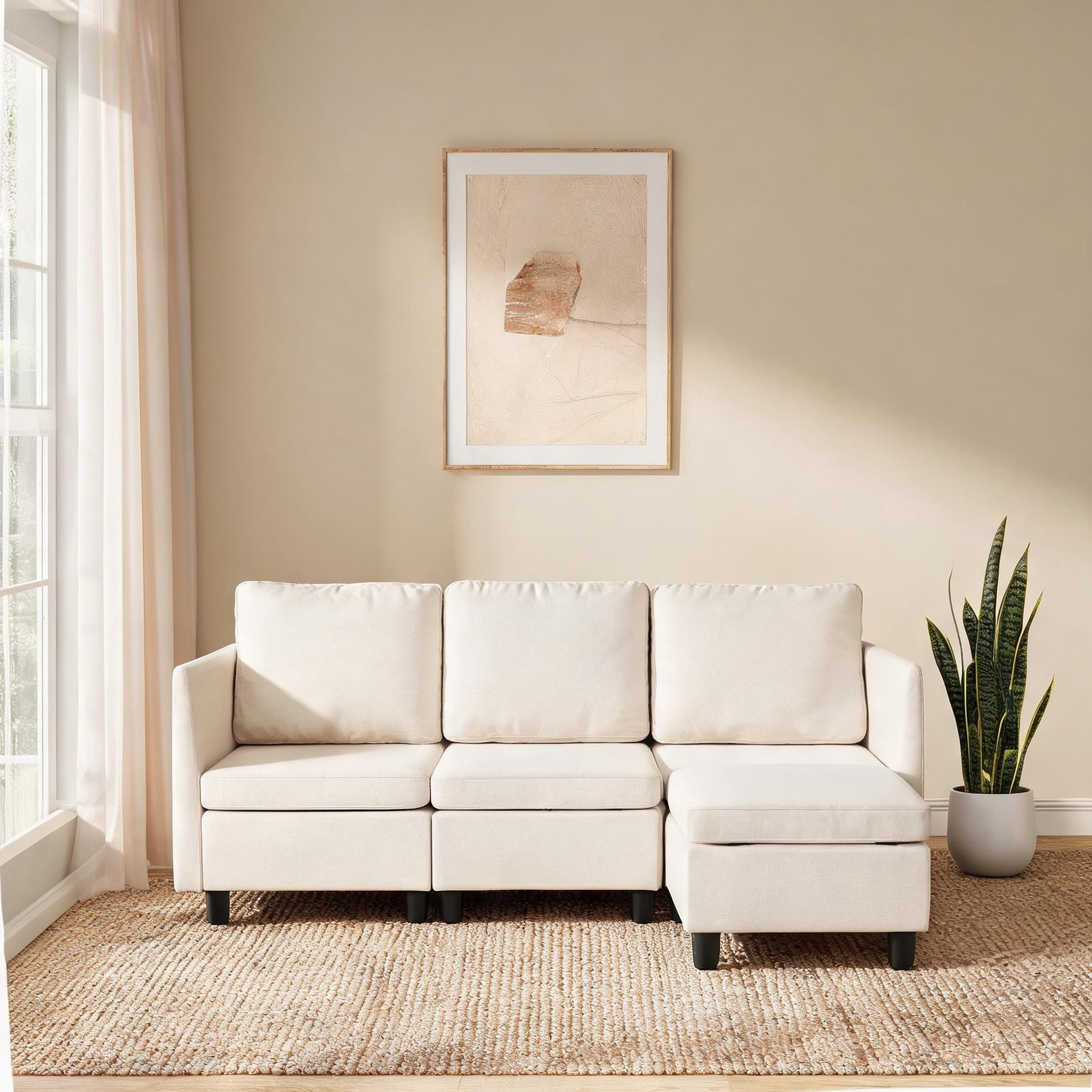 Moduler Memory Machine Watnature Cotton Linen 3-Seat Modular Sectional Sofa with Storage Soft ...