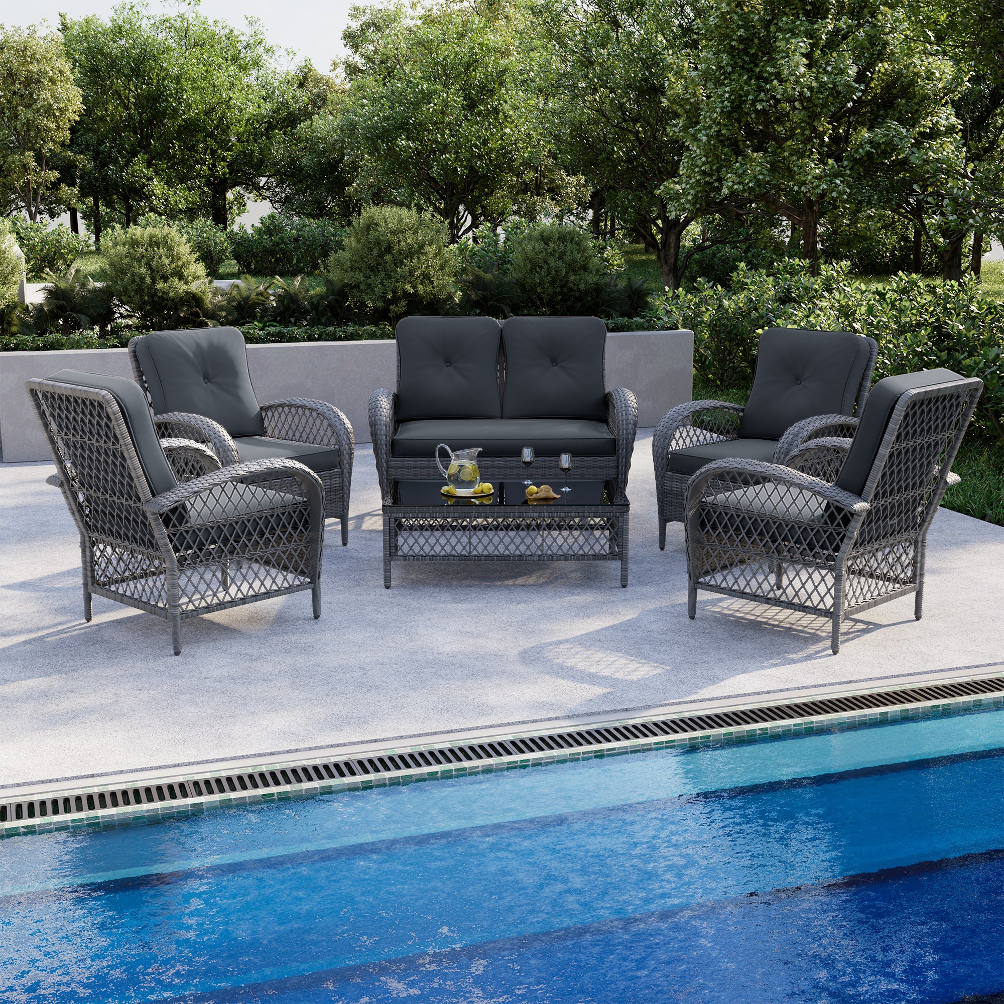 UPHA LHDK-2AB-DGRAY 6 -Piece Wicker Patio Conversation Set with Gray Cushions