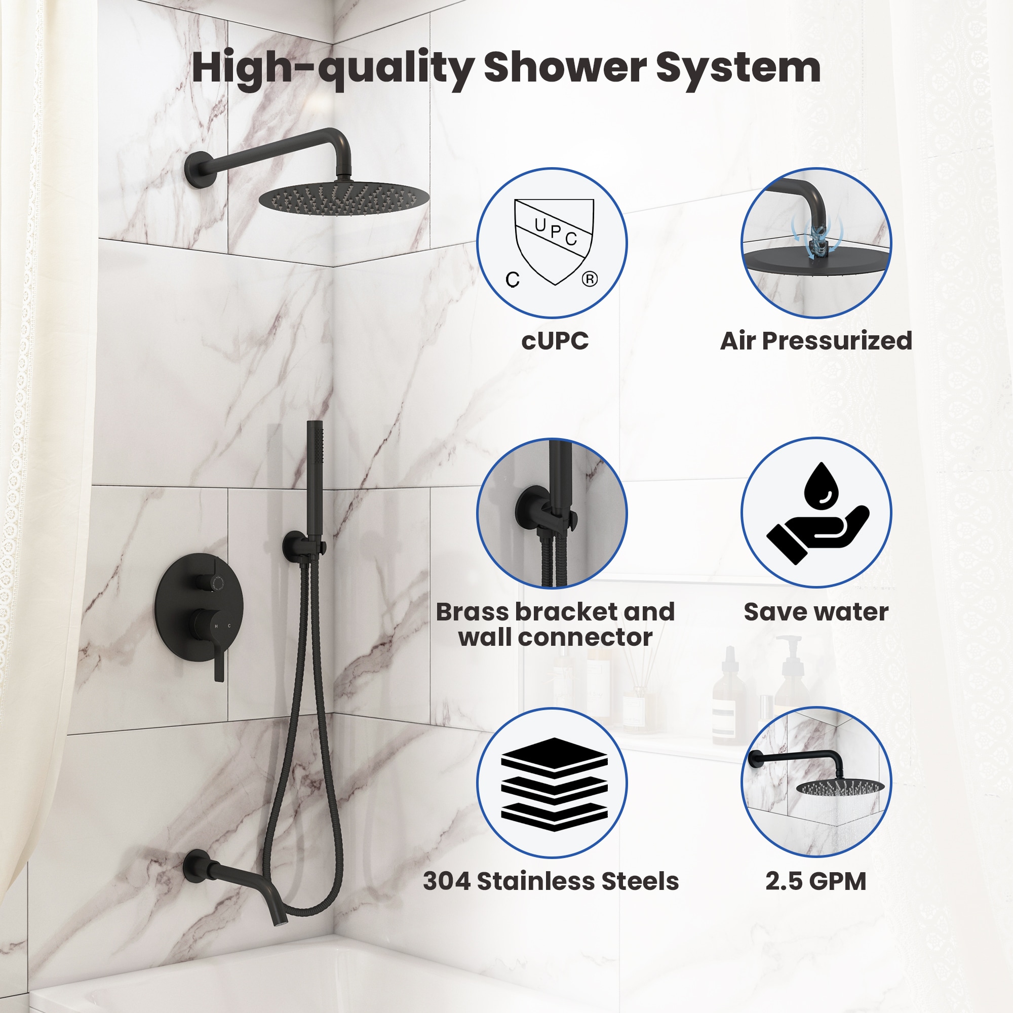 Mondawe AM-S133A3C-10MB Matte Black 10-in Built-In Shower Faucet System with 3-way Diverter ( Pressure-balanced Valve Included )