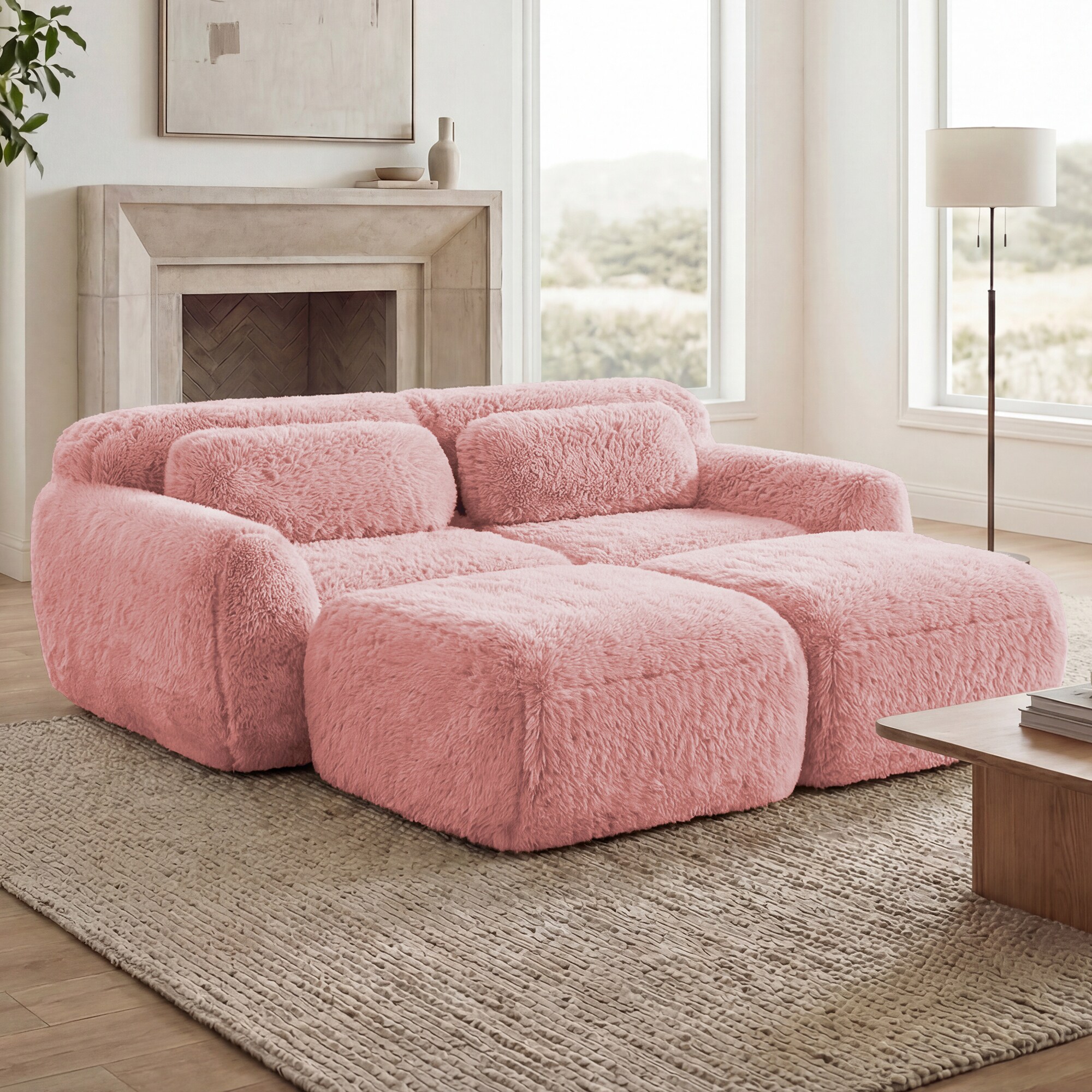 Homy Casa PUFF 80-in W Pink Modular Loveseat with 2 Ottomans Deep Seat ...