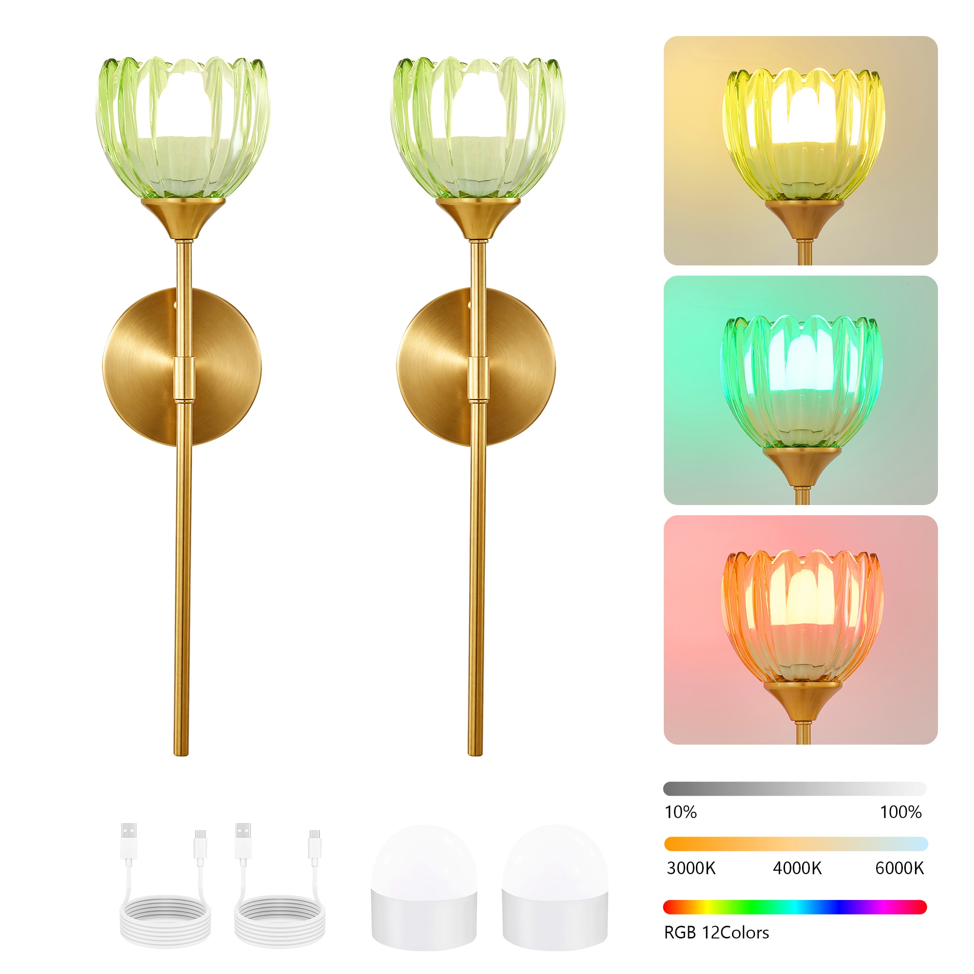DAKAFUL Battery Operated Wall Sconce Set of 2 With Green Glass Lampshade Rechargeable Battery Powered Wall Light With Remote Control For Bedside Bedroom Doorway Living Room