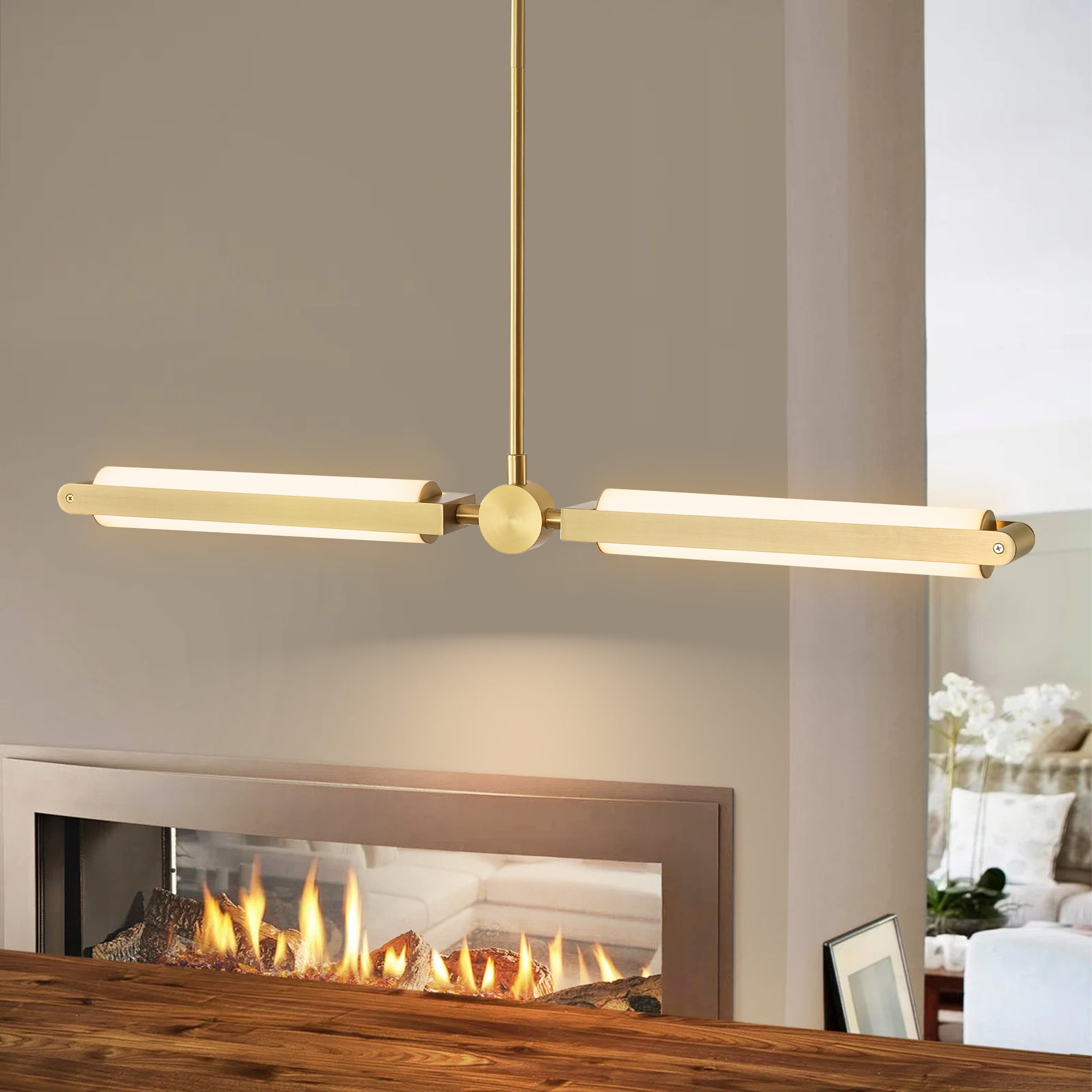 Rennnsan PL810168198 Draquan 2 -Light Brushed Gold Industrial Linear Integrated LED Large Hanging Kitchen island light