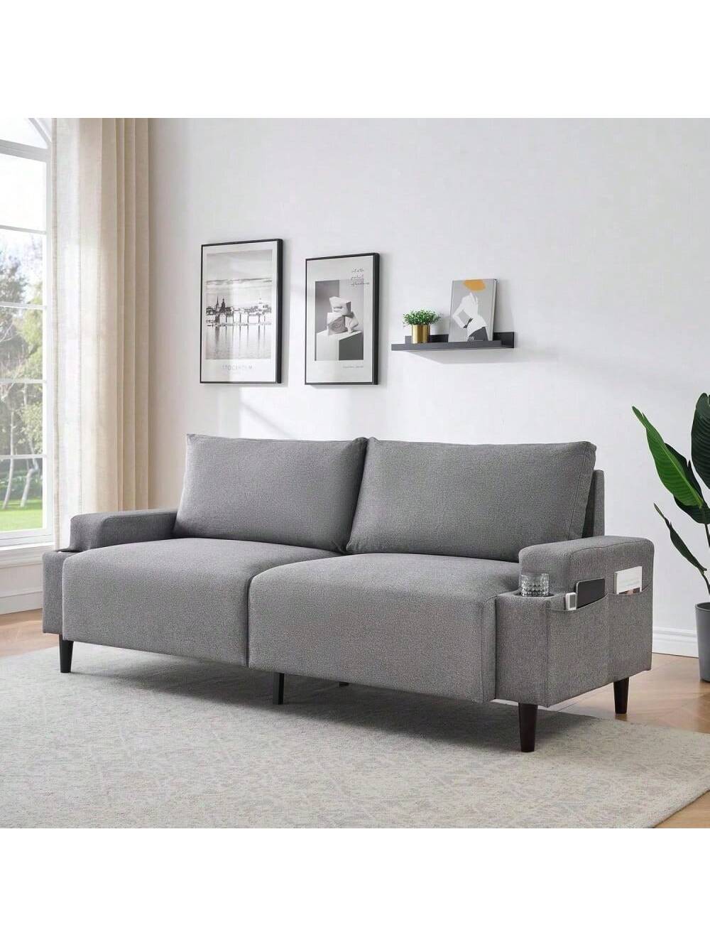 Qeetex PHO-16PXUUAA-HF4 80 Inch Grey Modern Loveseat Sofa with Cup Holder. Deep Seat Sofa Comfortable Sofa for Living Room