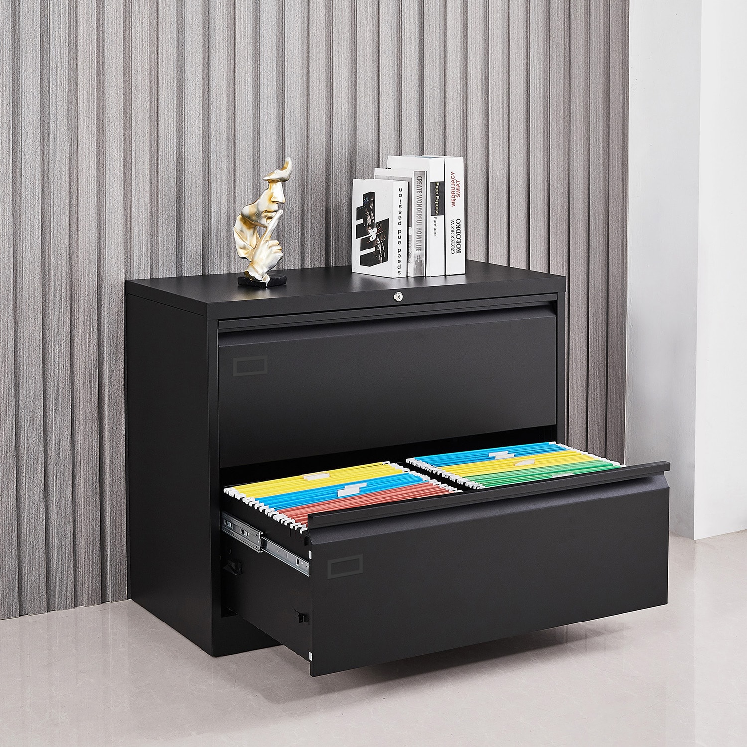 Black 2 Drawer Wood Lateral File Cabinet with Anti-Tilt Mechanism, Storage Filing Cabinet for Home Office