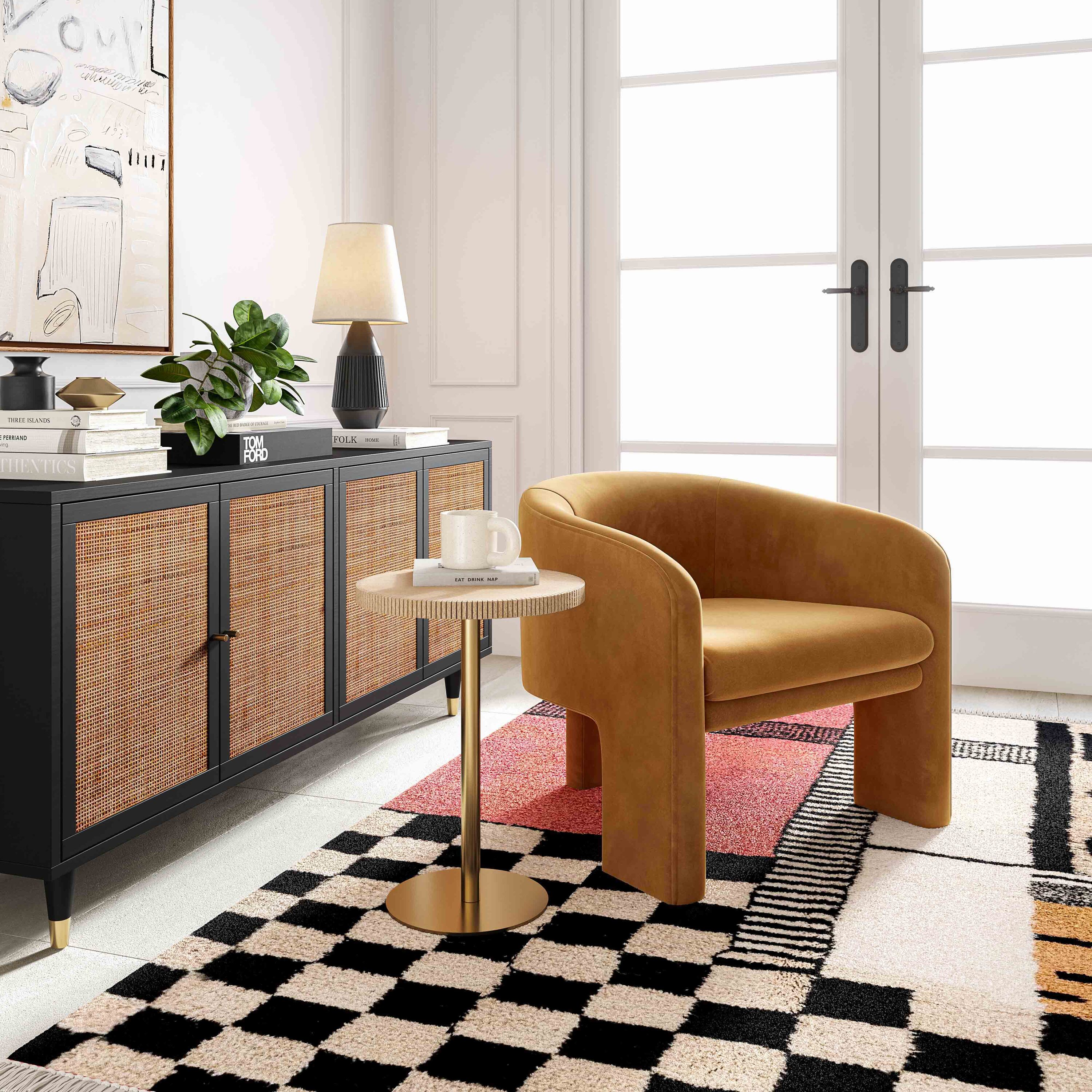 Cognac Velvet Barrel Accent Chair with Wood Frame