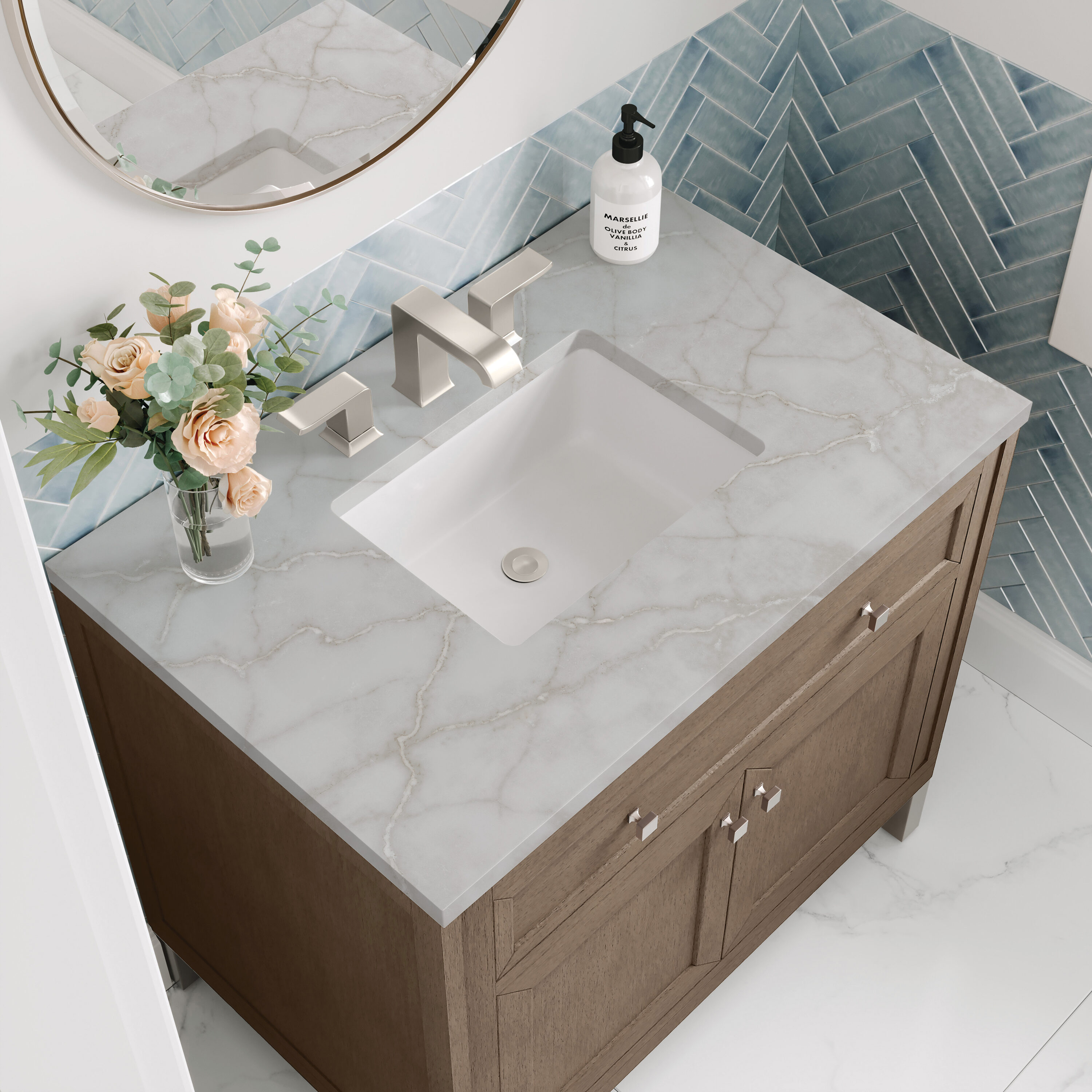 Chicago 36" Whitewashed Walnut Vanity with Victorian Silver Quartz Top