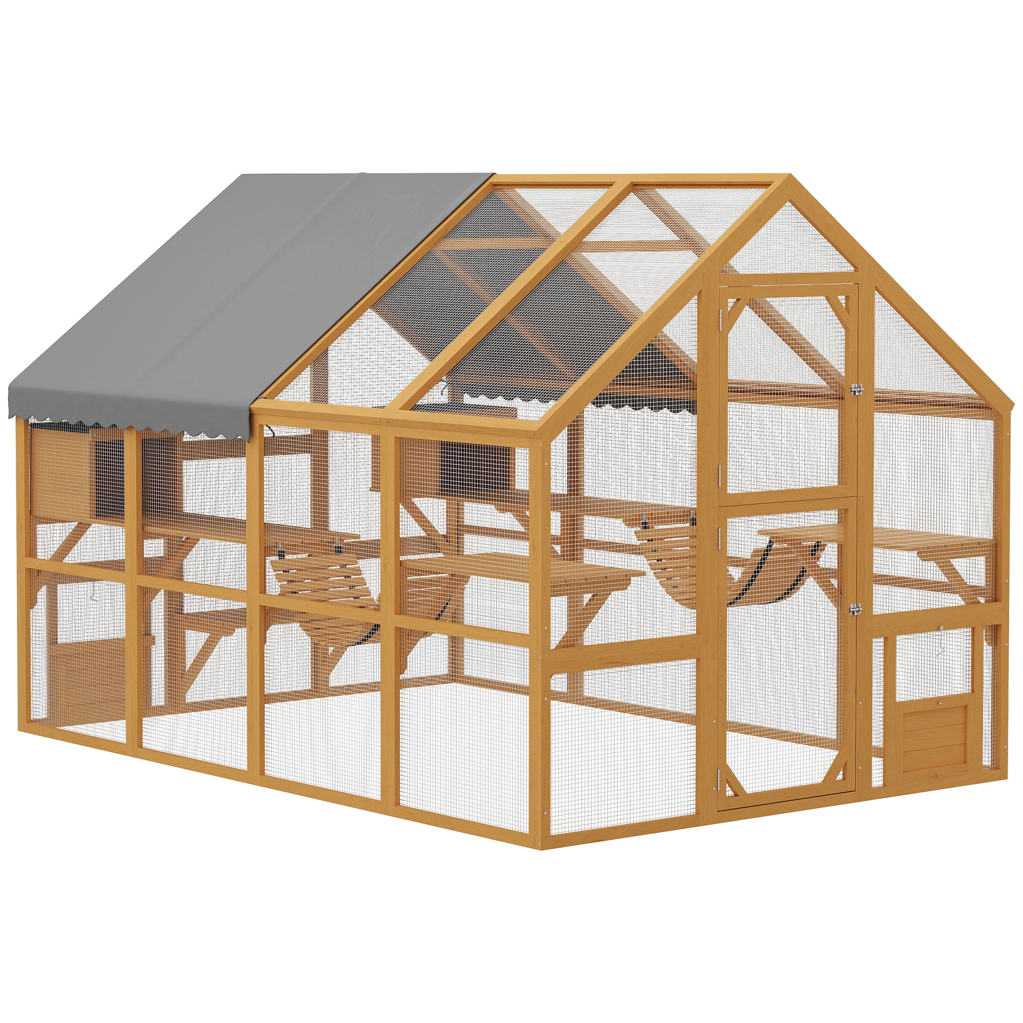 PawHut D32-022V01YL Large Catio Outdoor Cat Enclosure for Multiple Kittens Wooden Cat House with Waterproof Cover Walk in Kitty Cage Kennel with 2 Condos 6 Platforms Bridge Doors 110inch x 73inch x 74inch Yellow
