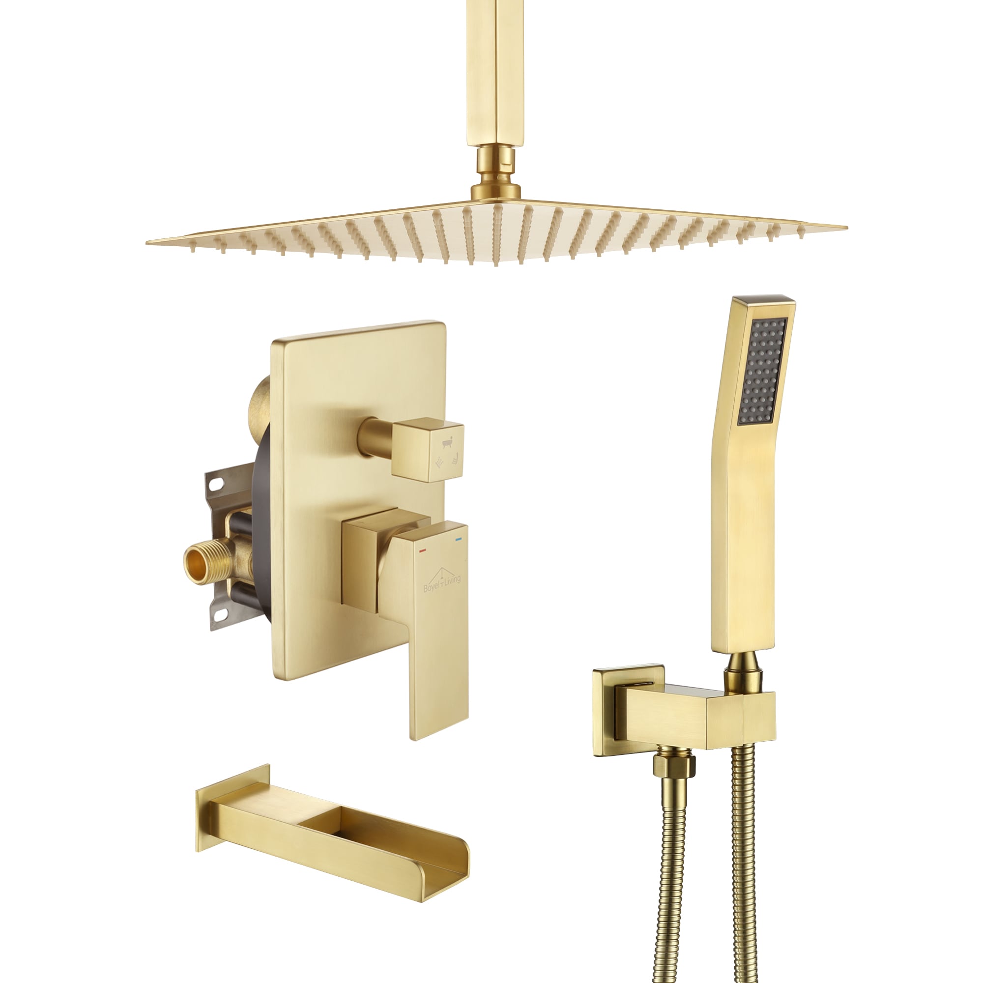 Clihome CHMS-12BG-A3809 Brushed Gold 12-Inches Waterfall Dual Head Built-In Shower Faucet System with 3-way Diverter ( Pressure-balanced Valve Included )