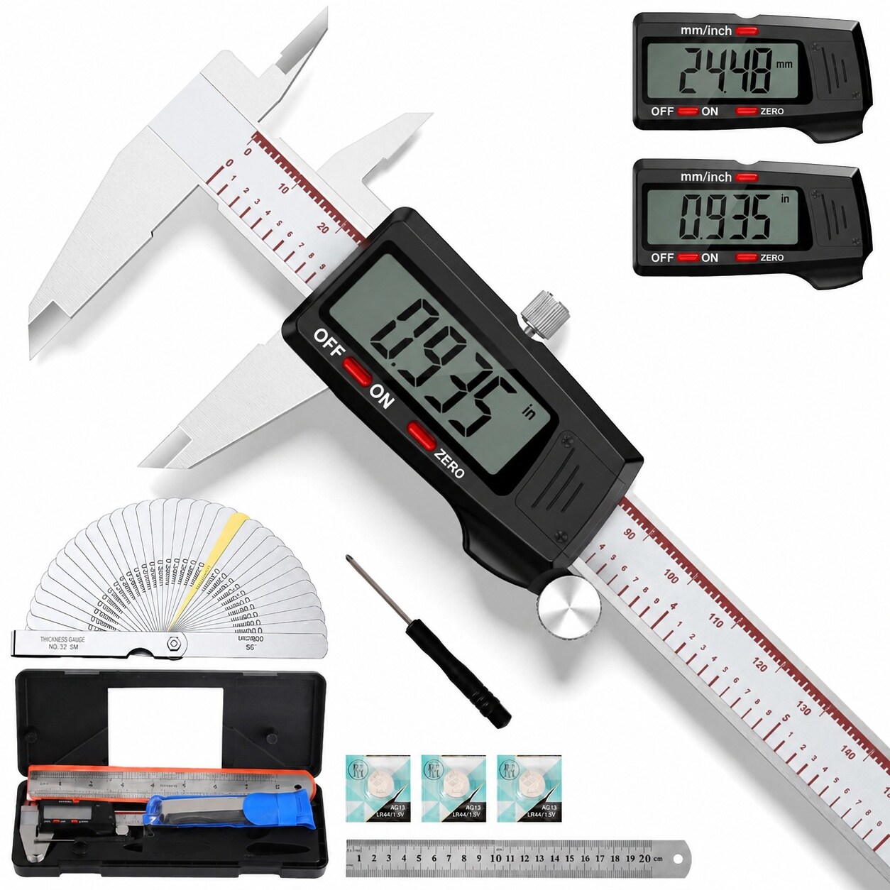 Linder Group Inc Digital caliper 6 inch stainless steel measuring tool large LCD display metric and inch conversion 4 measuring modes depth step outer inner #L3ZW3PYJ