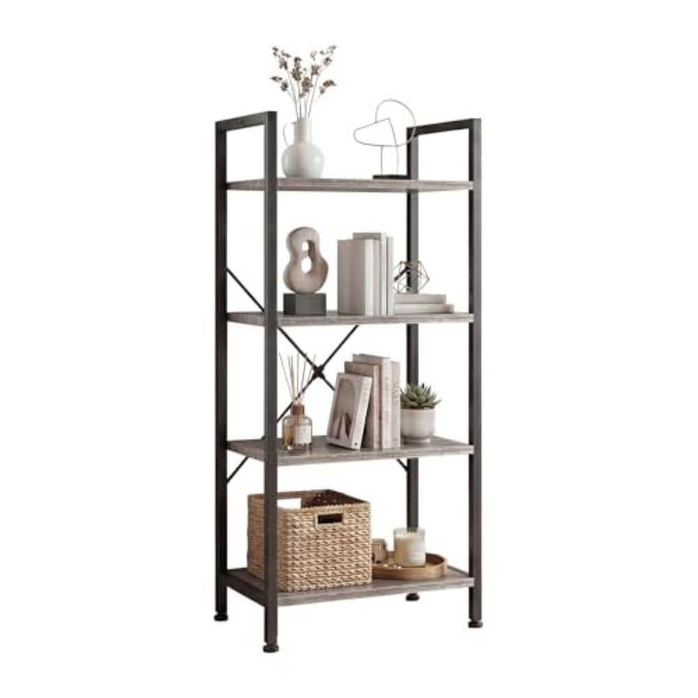ASTARTH - 4 Tier Narrow Bookshelf Industrial Metal and Wood Slim Storage Shelf Vertical Bookcase ...