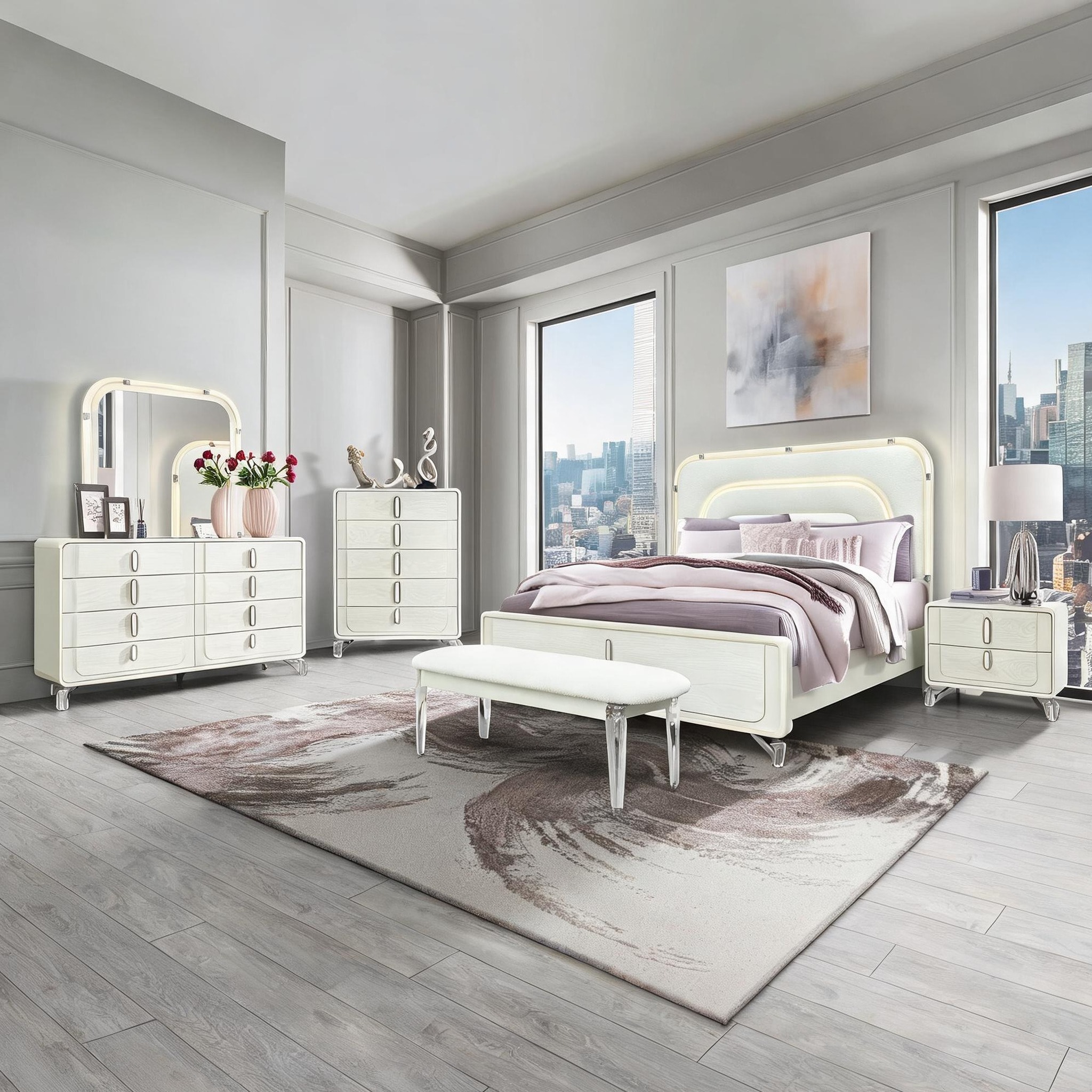 Watnature Solid Wood and MDF Queen Bedroom Set with LED Headboard Beige ...