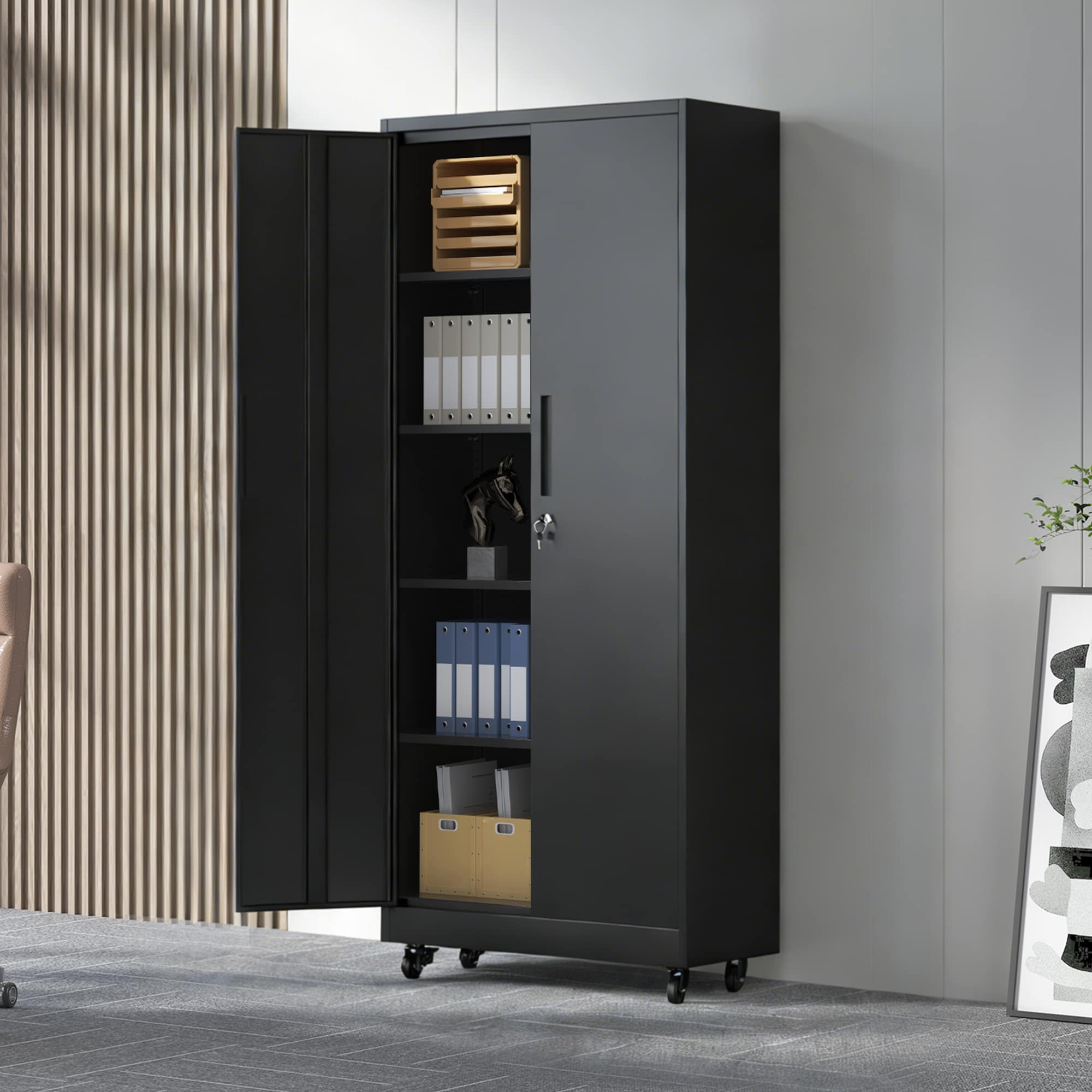 Black 2 -Door 31.5-in Lockable File Cabinet with Wheels And 4 Adjustable Shelves Tall Lockable Metal Filing Cabinets 71-in H Metal Garage Storage Cabinet Locking Tool Cabinets