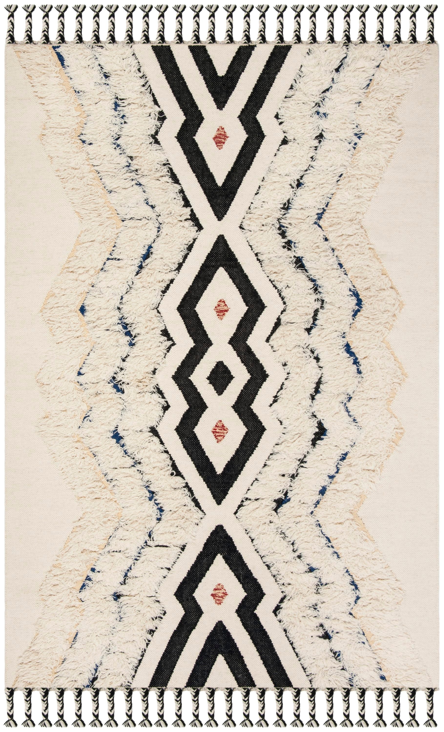 Ivory and Black Hand-Knotted Wool Geometric Area Rug
