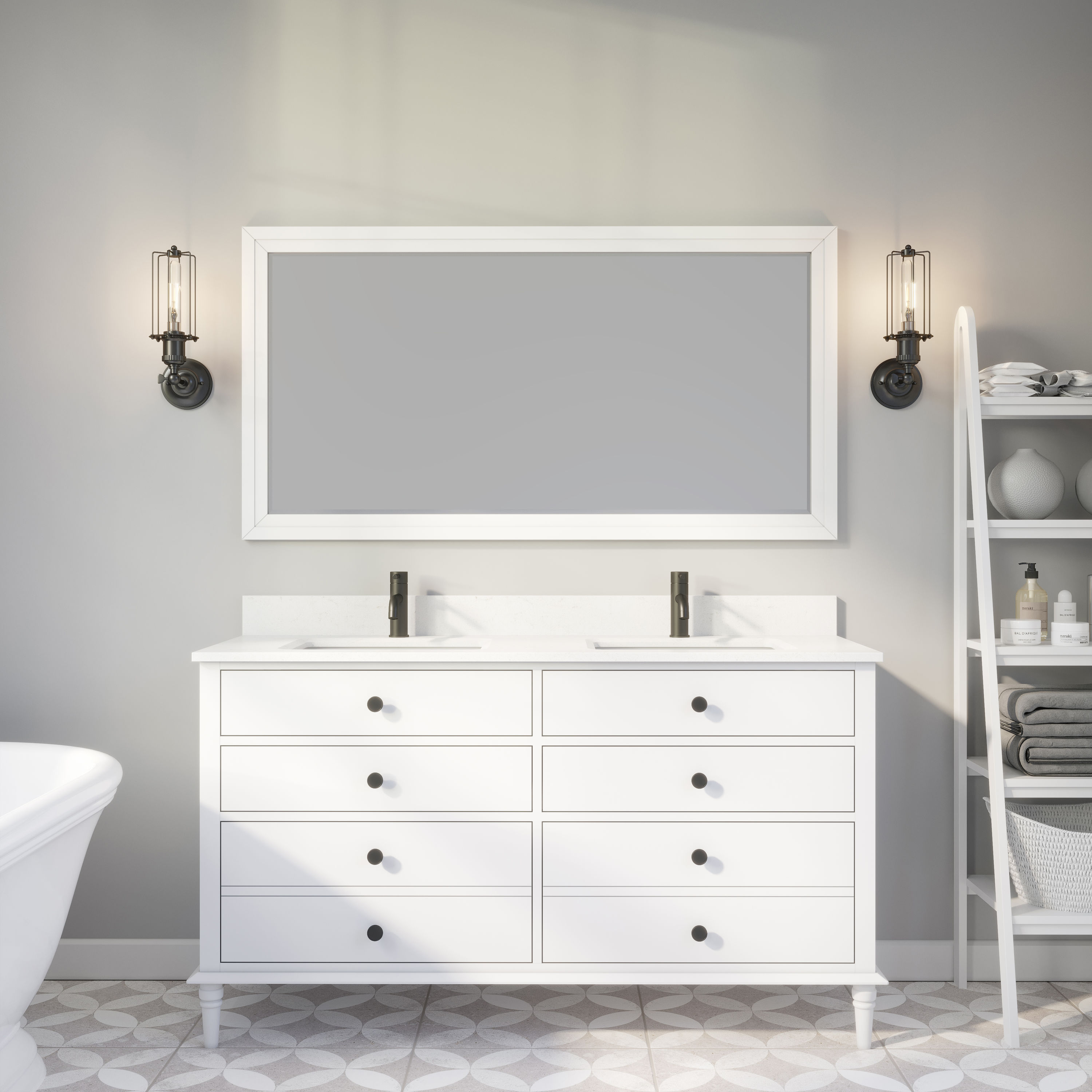 Spa Bathe FA60WH Farrow 60-in White Undermount Double Sink Bathroom Vanity with White with Gray Veins Engineered Stone Top