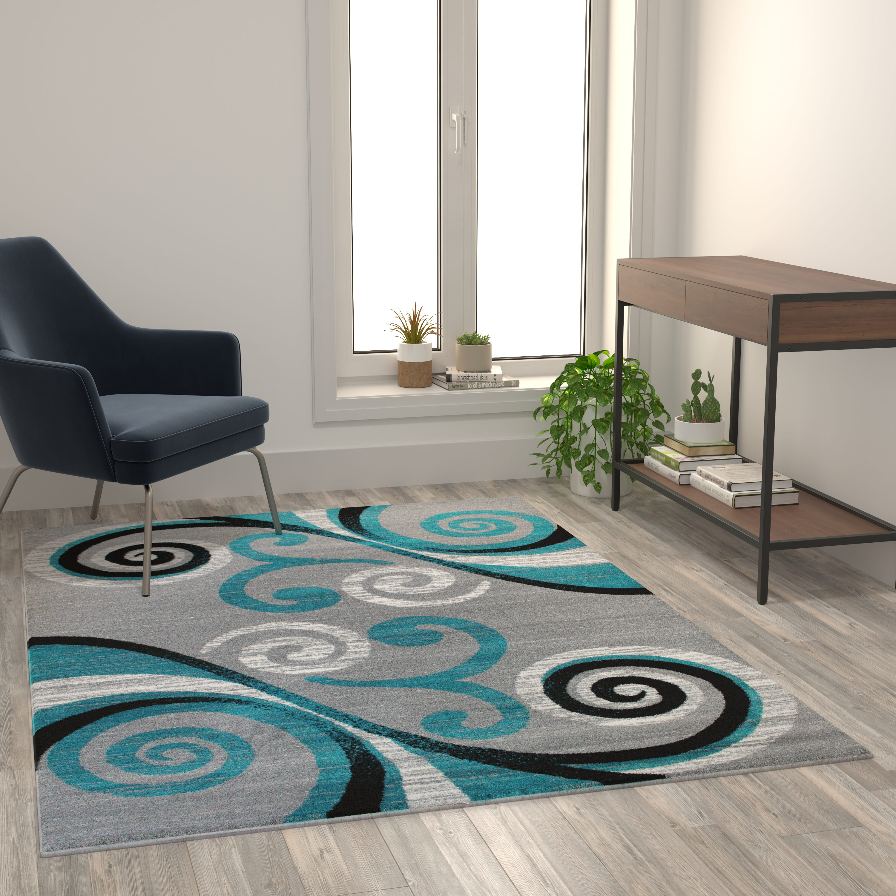 Turquoise and Gray Abstract Pattern 5' x 7' Synthetic Area Rug