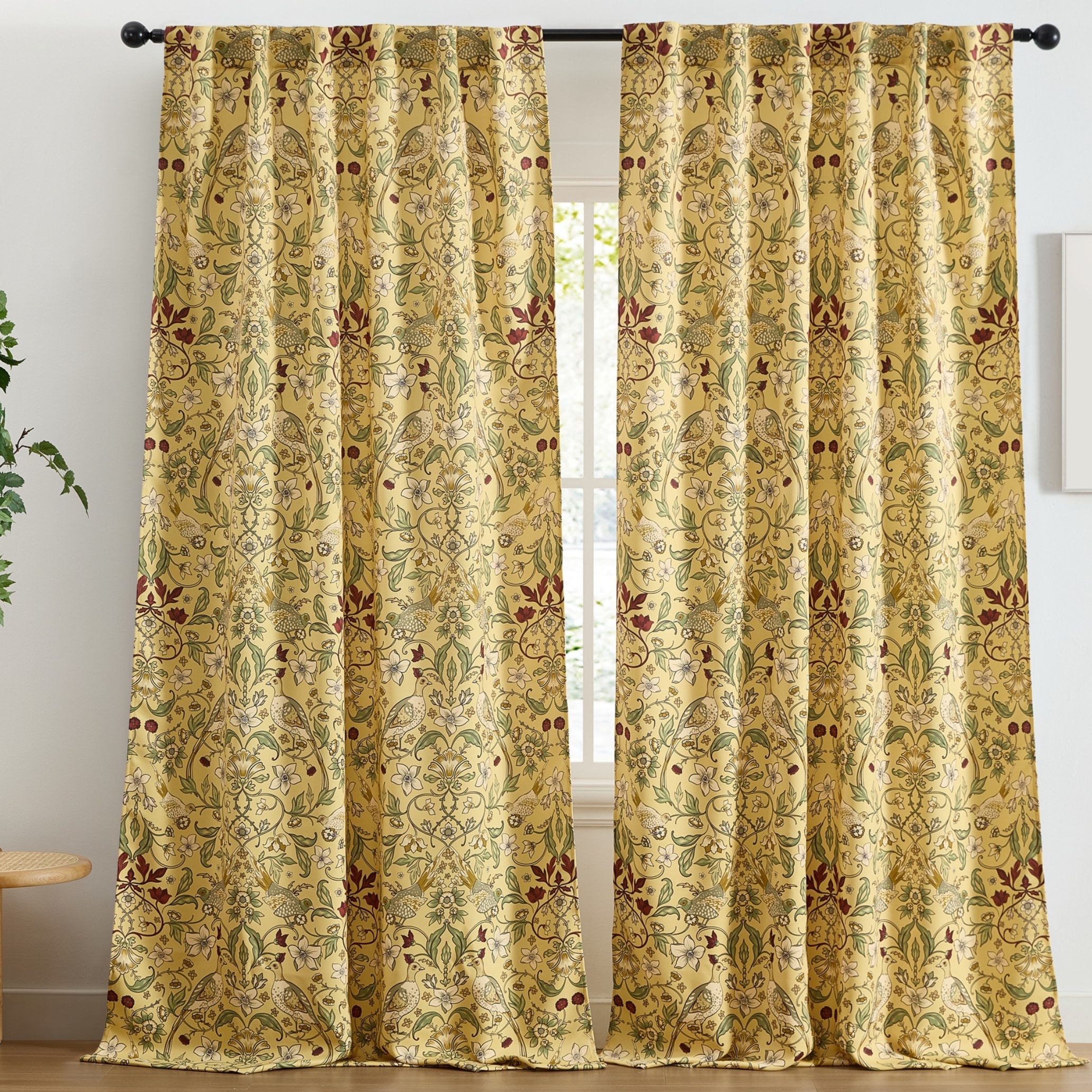 HLC.me FLRNC-108-MSTRD Florence Floral and Birds Patterned Window Back Tab Rod Pocket Curtains Bedroom - Light Blocking Darkening Window Panels - Set of 2
