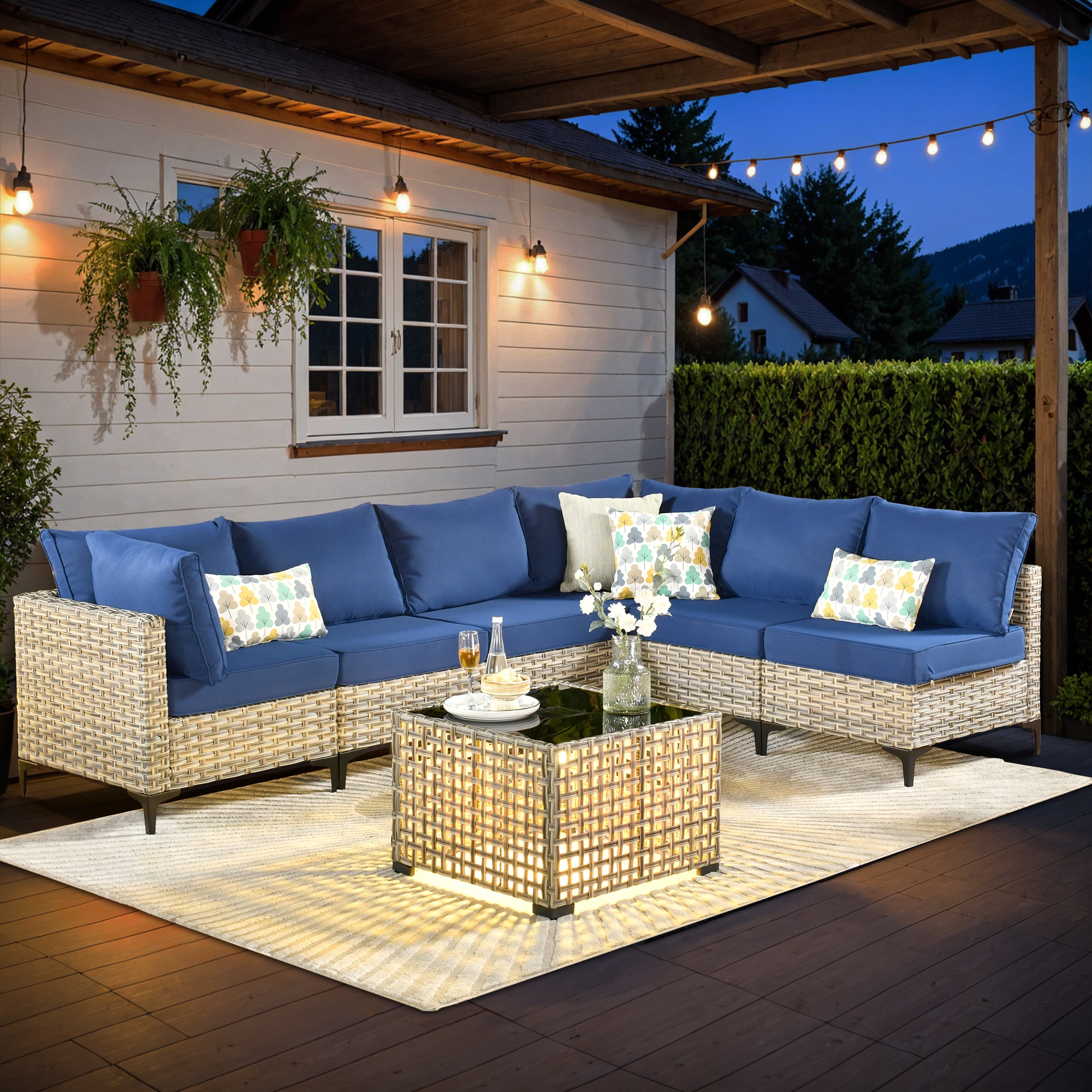 Ovios SK707 7 -Piece Wicker Patio Conversation Set with Blue Cushions