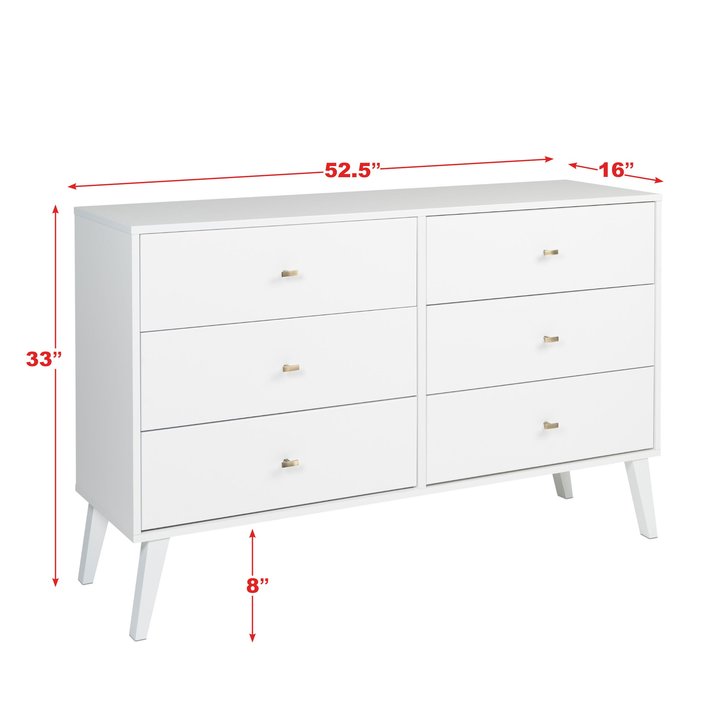 Prepac Milo Coastal White 6-Drawer Dresser with Tapered Legs and ...
