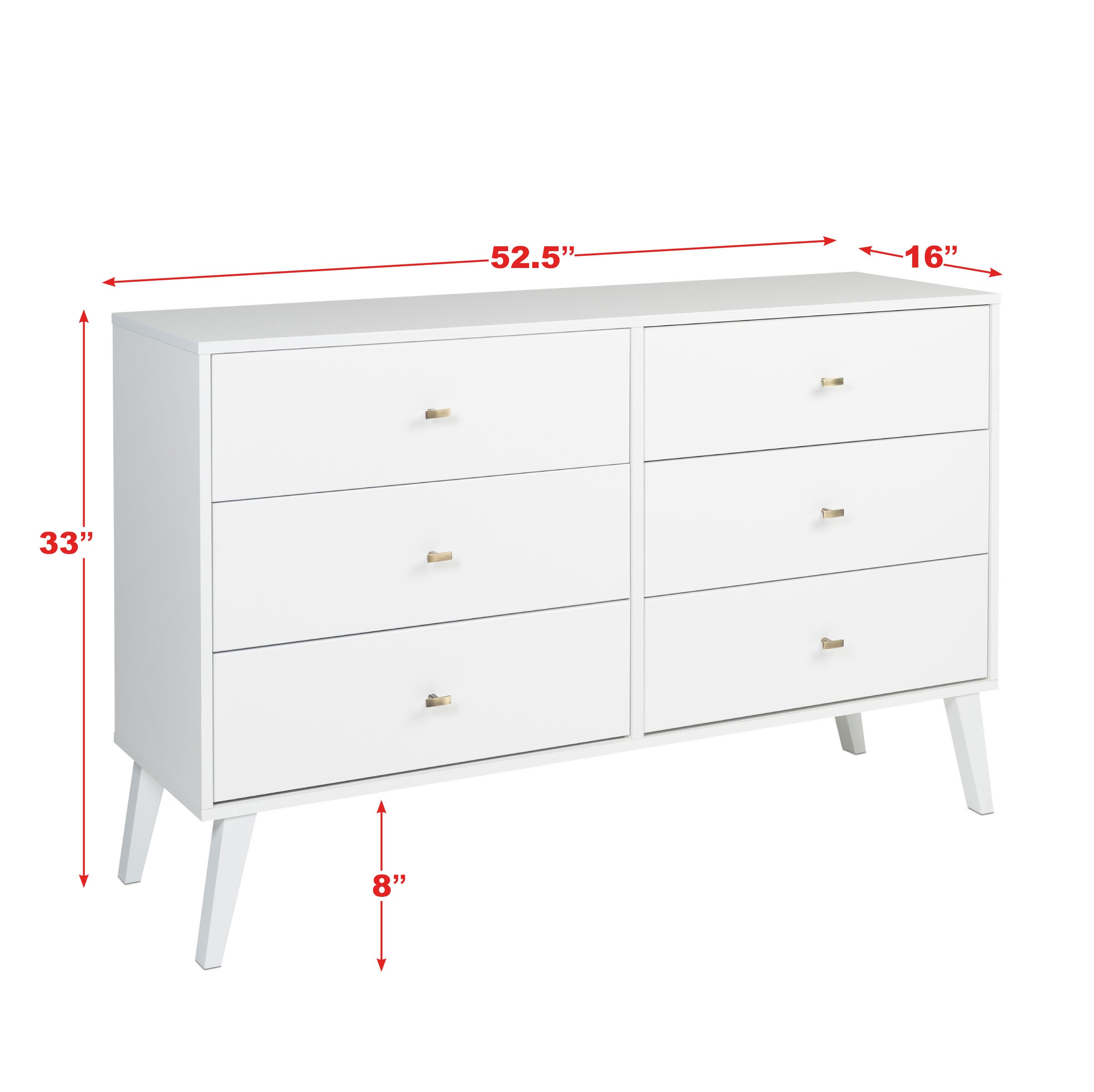 White Mid-Century 6-Drawer Double Dresser with Brass Knobs