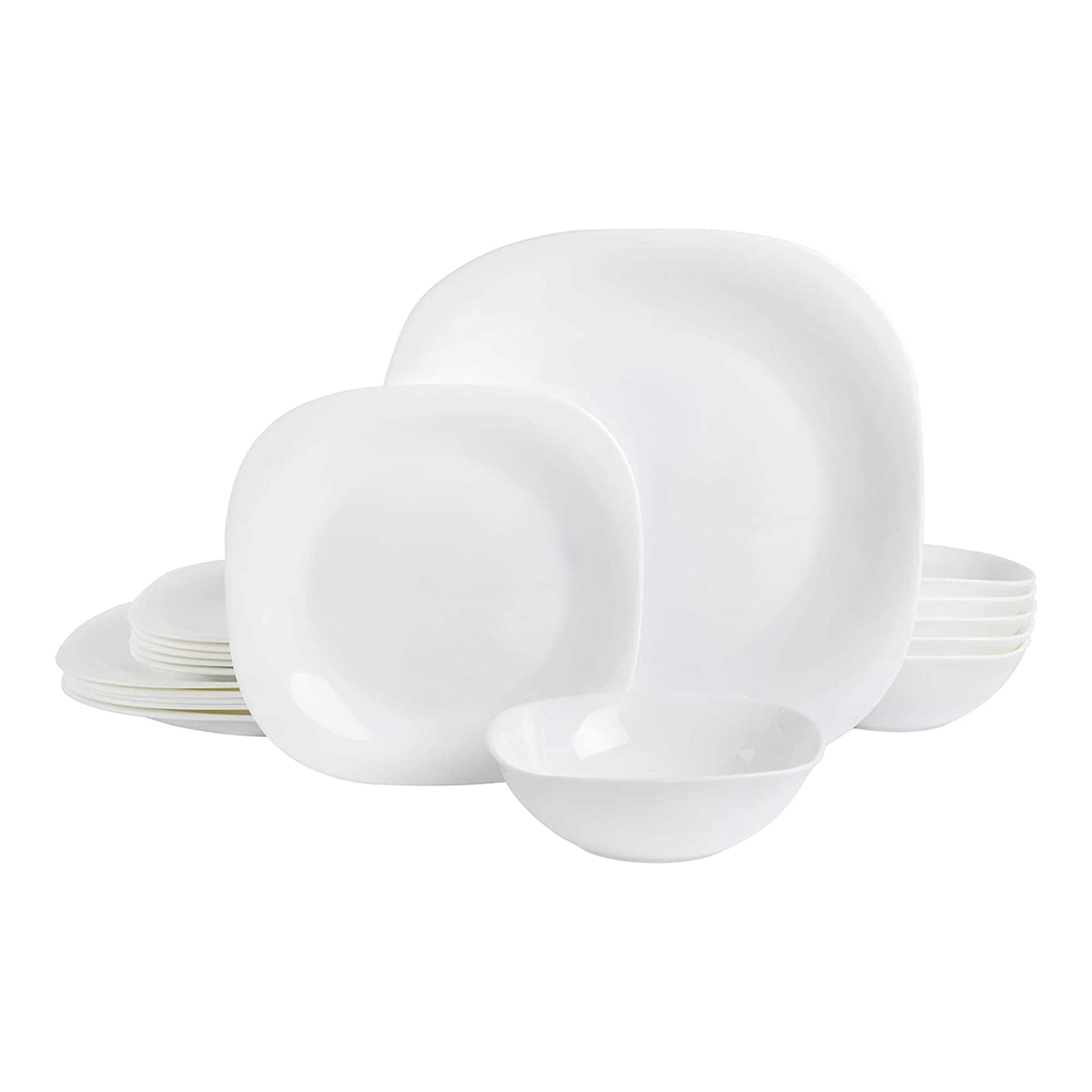 Gibson 296251 Home Break and Chip Resistant Glass Square Dinnerware Set Service for 6 with Dinner Plates Dessert Places and Bowls Opal
