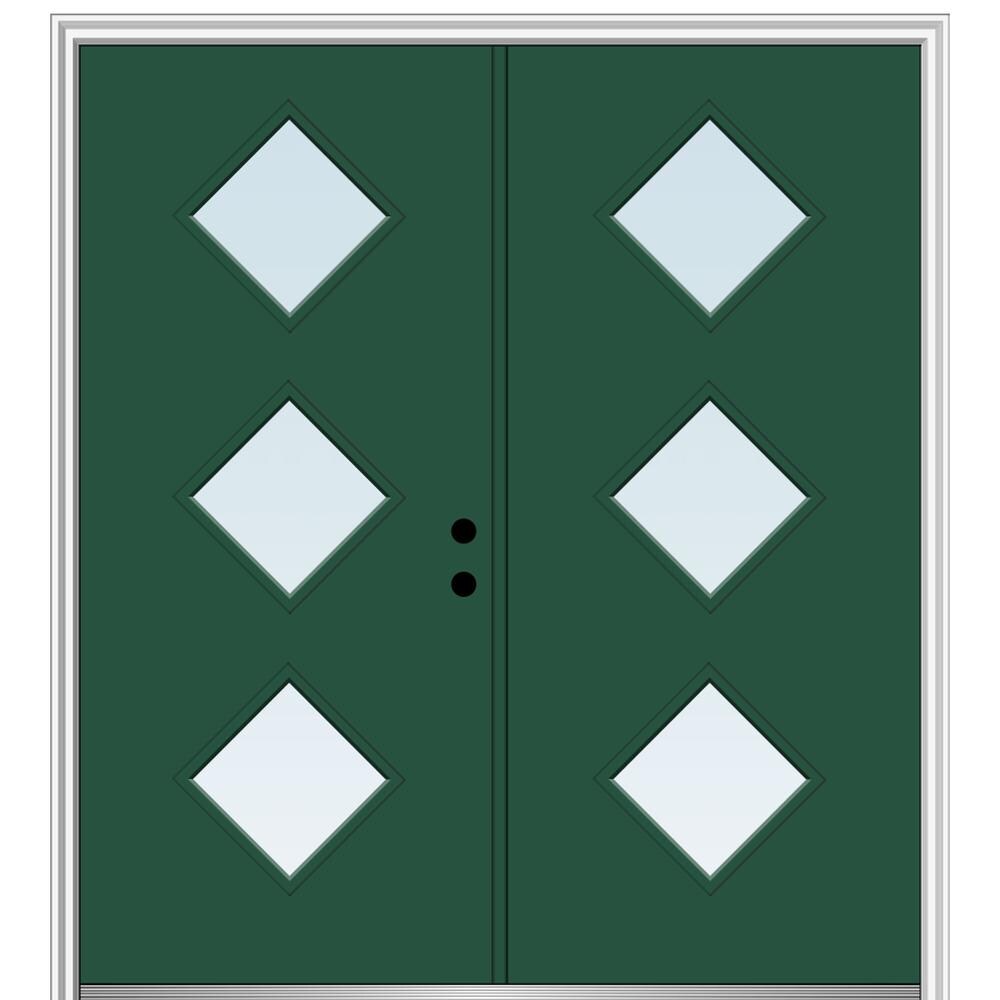MMI DOOR ZZ349007L Spotlights 60-in x 80-in x 6-9/16-in Fiberglass Pulse lite Left-hand inswing Hunter Green Painted Prehung Double Front Door with Brickmould Insulating core