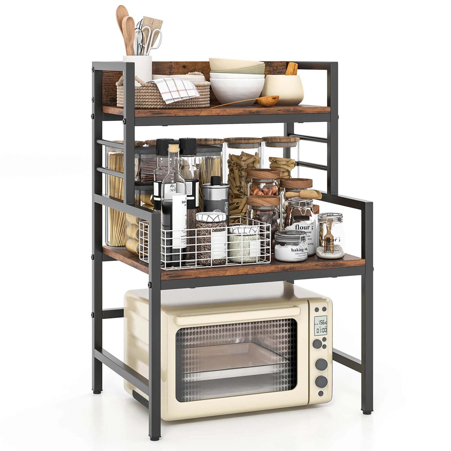 Costway HCST04872 3-Tier Microwave Stand with Storage Shelves Heavy-Duty Metal Frame Rack Organizer