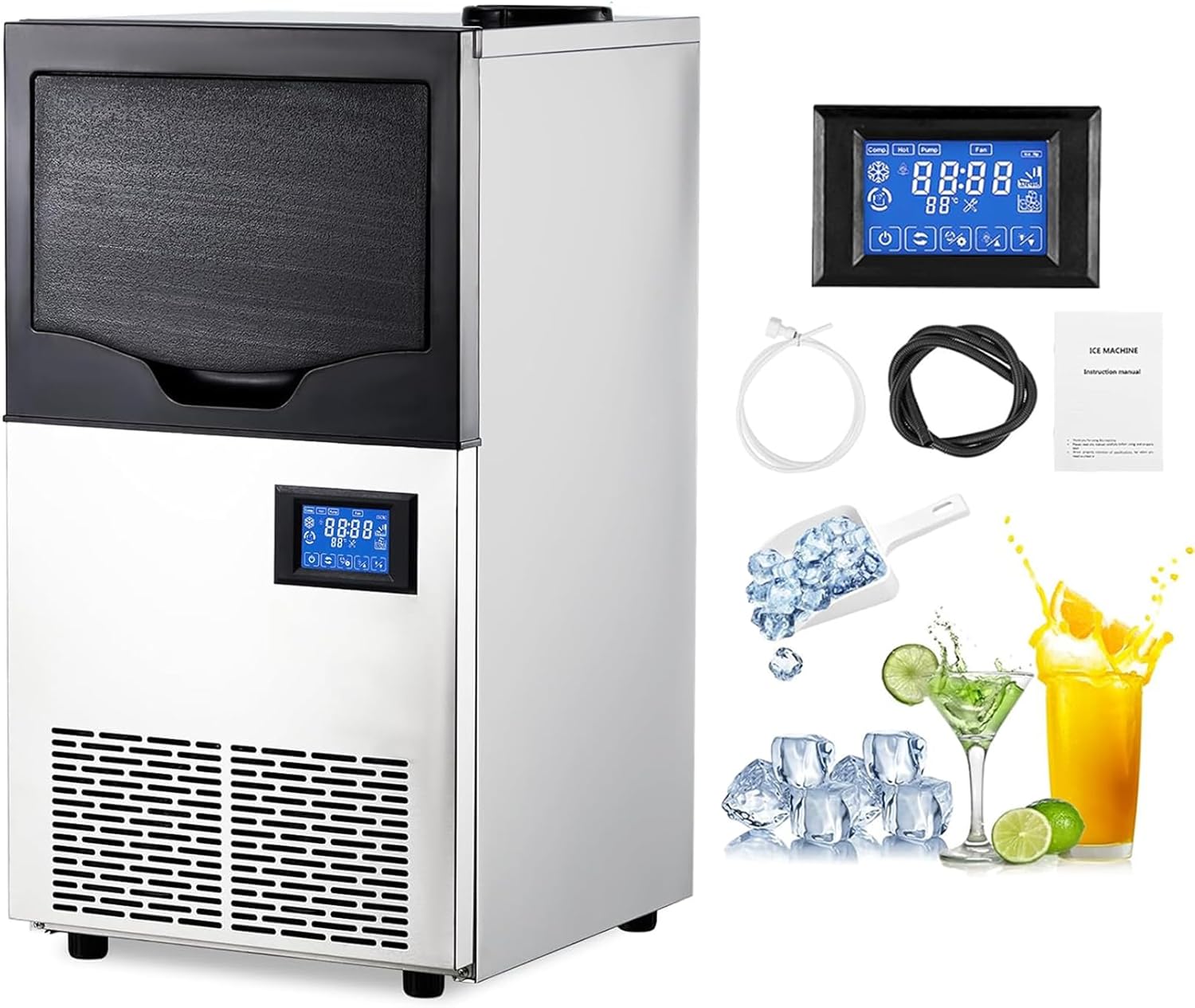 Qeetex LHF-ZBJ-PHO-1085YGOB Nugget Ice Maker Machine - 140 lbs/Day Chewable Crushed Ice Maker with 22 lbs Storage - Self-Cleaning - Fast Ice Production - Stainless Steel Under Counter Ice Machine for Home/Bar/Restaurant