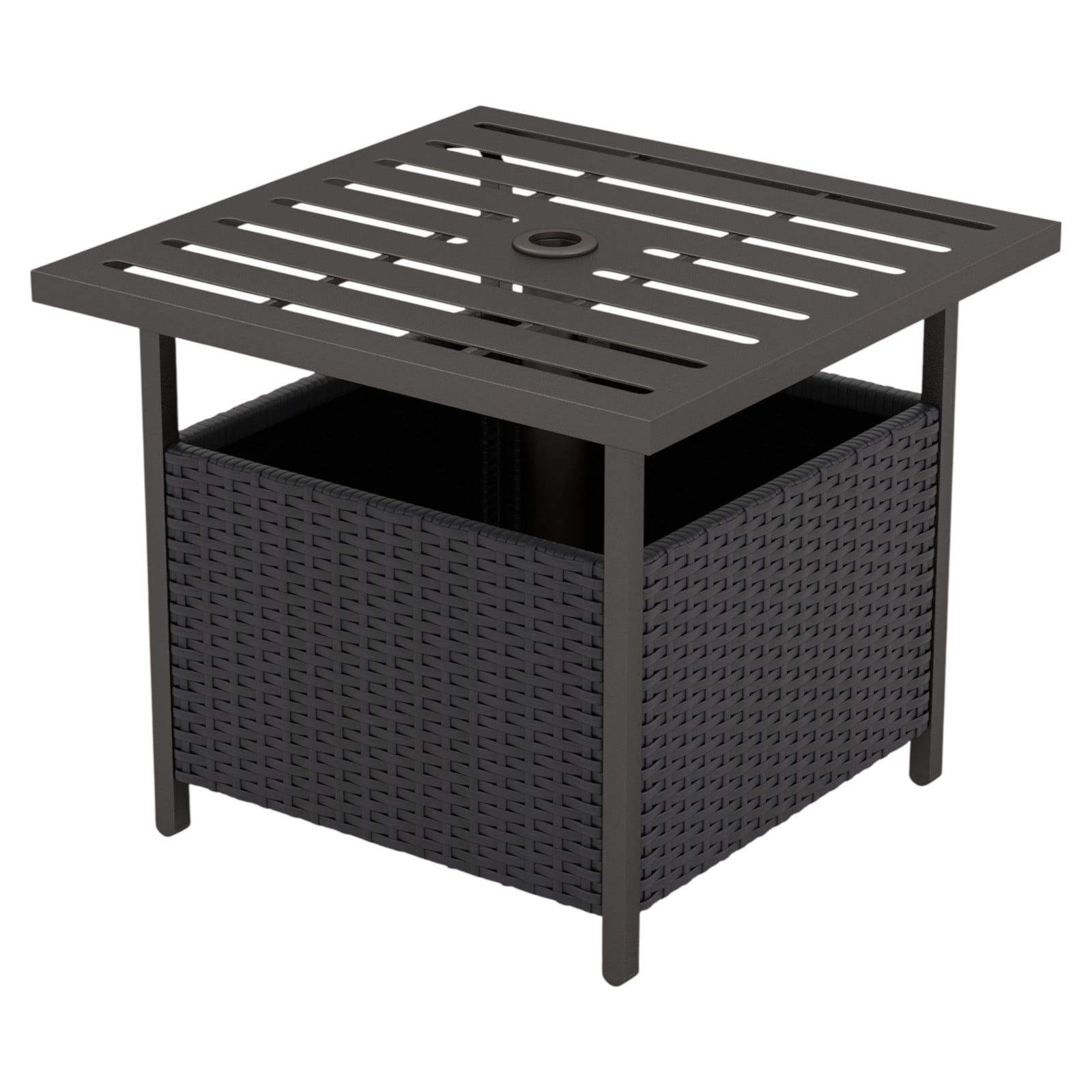 Slickblue D-CO-KD90166WH Square Wicker Outdoor Side Table 22W x 22L with Umbrella Hole in Black