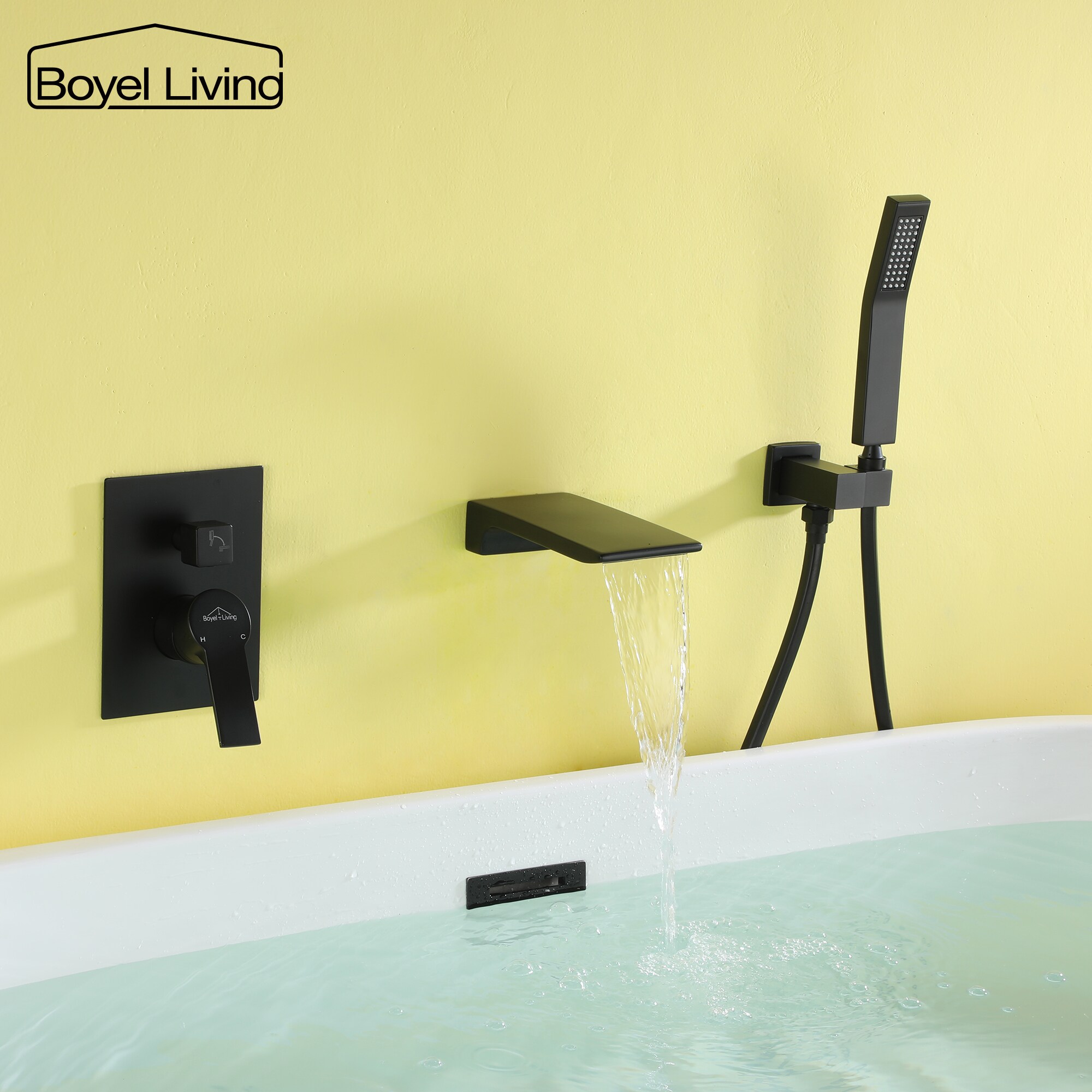 Clihome Matte Black 1 Handle Wall Mount Waterfall Bathtub Faucet With Hand Shower Valve 