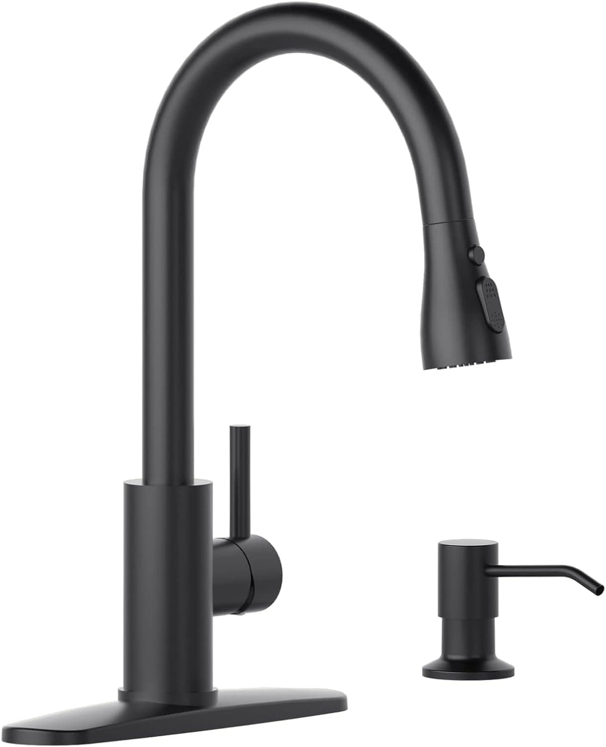 APPASO 3002-MB Matte Black Single Handle Deck-mount Pull-out Kitchen Faucet with Sprayer (Includes Deck Plate) (Includes Soap Dispenser)