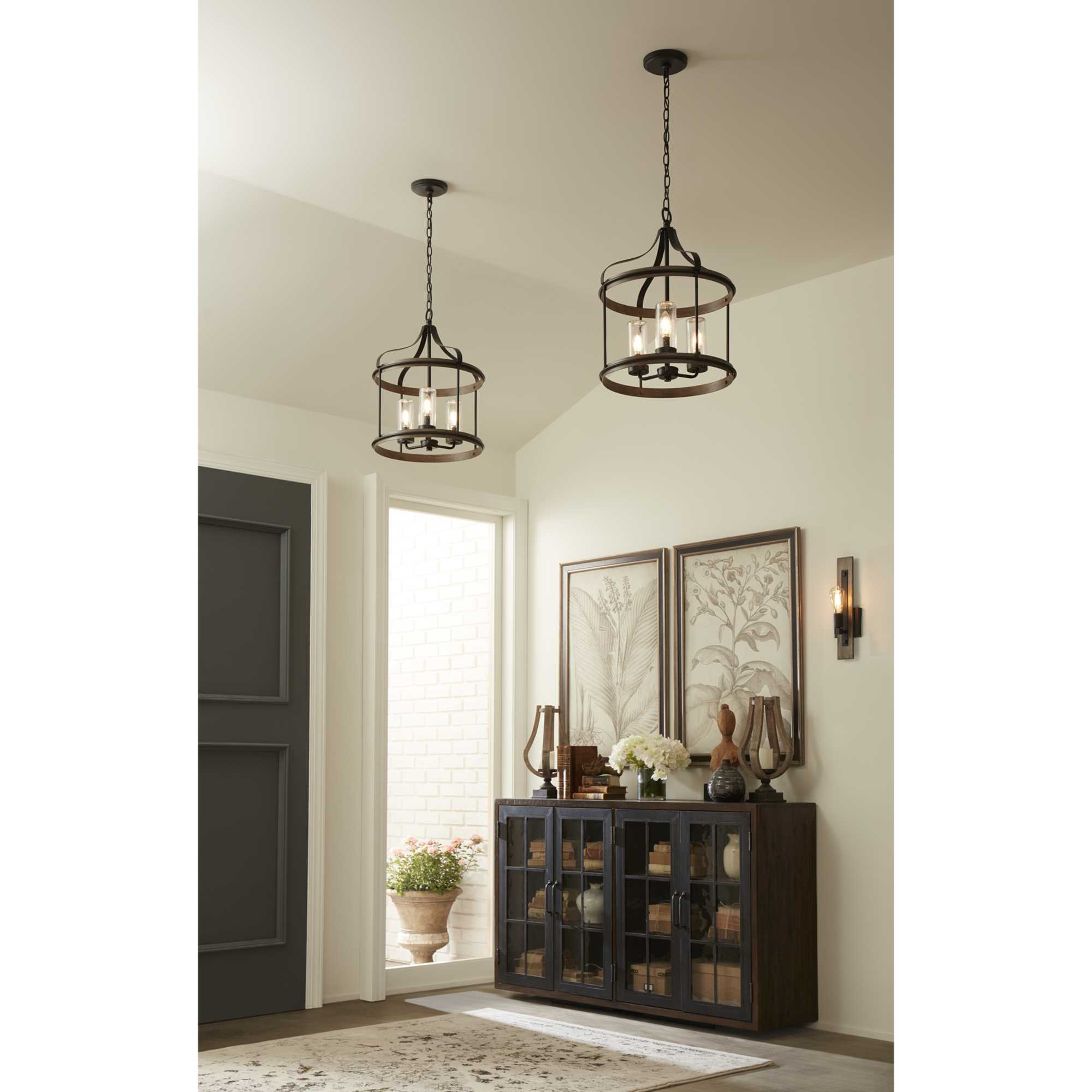 Brenham Matte Black 3-Light Farmhouse Pendant with Seeded Glass