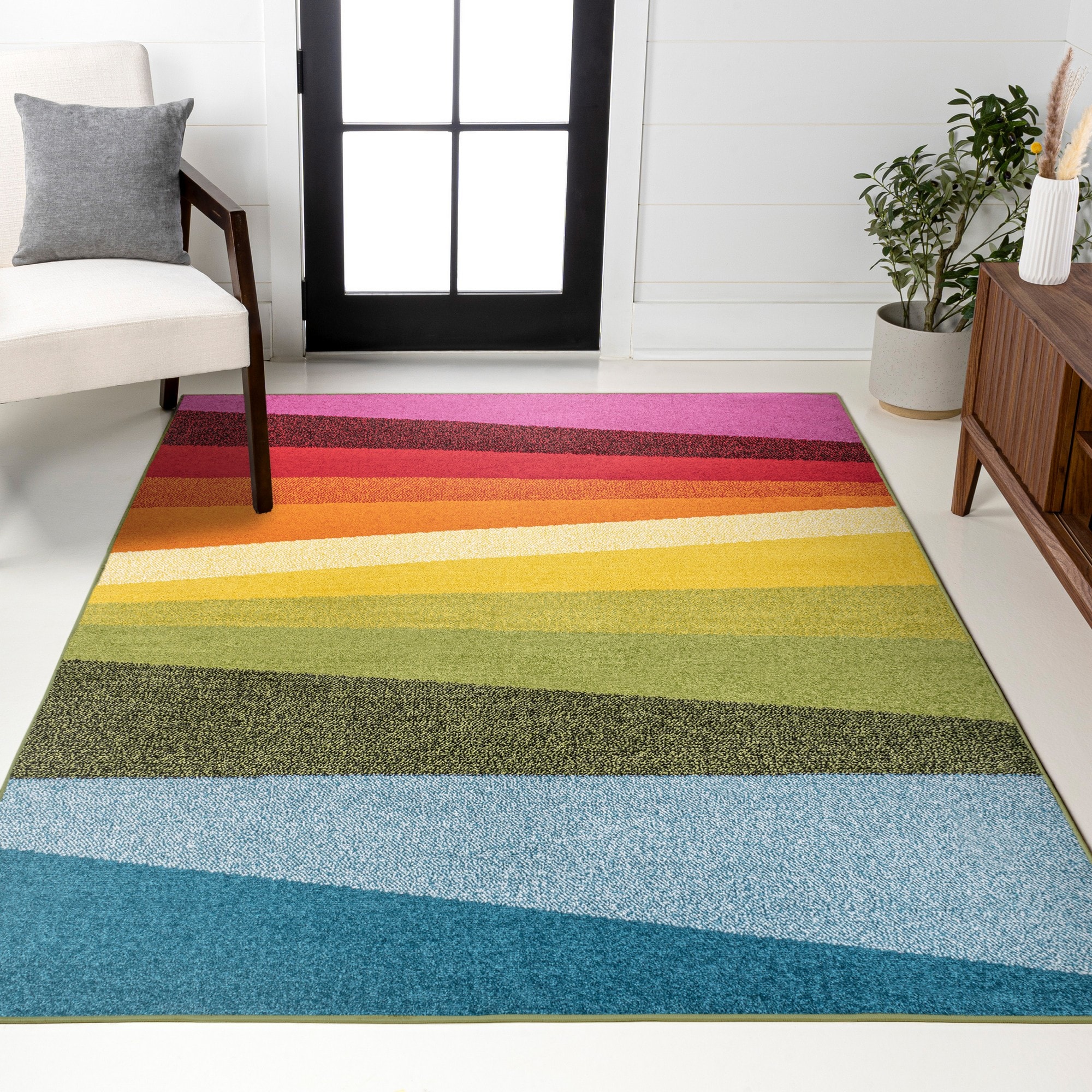 JONATHAN  Y DZC101A-3 DAZZLE Prism Geometric Striped 3 x 5 (ft) Loomed Orange/Green/Blue Rectangular Indoor Geometric Mid-Century Modern Pet Friendly Area rug